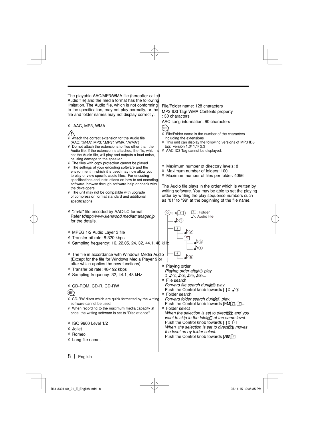 Dolby Laboratories KDC-W8534 instruction manual About AAC, MP3 and WMA 