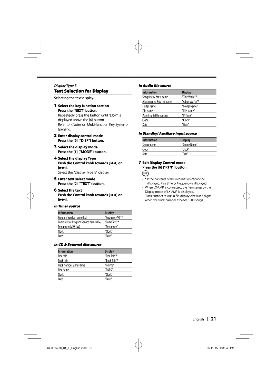Dolby Laboratories KDC-W8534 instruction manual Text Selection for Display, Display Type B, In Tuner source, Information 
