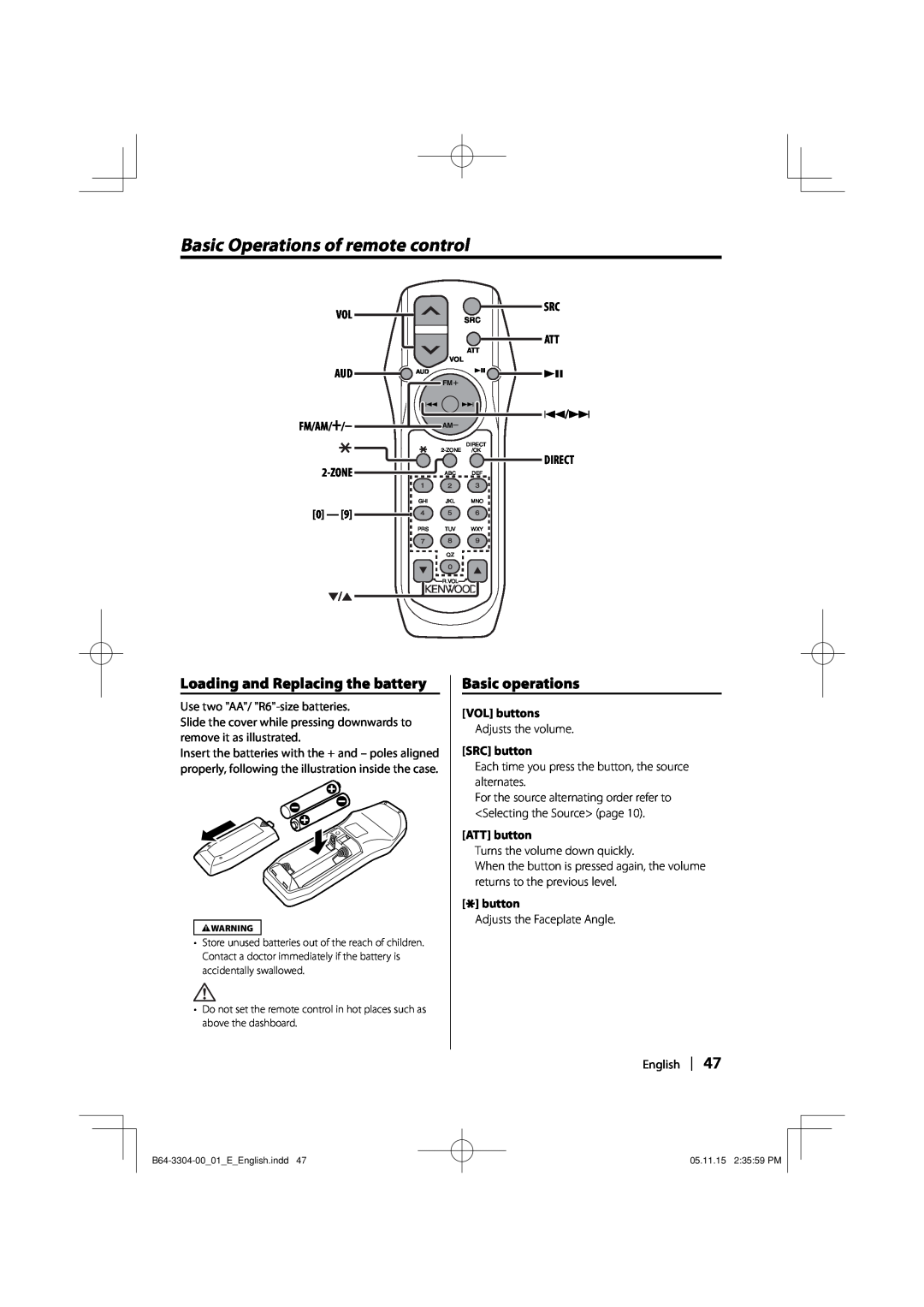 Dolby Laboratories KDC-W8534 Basic Operations of remote control, Loading and Replacing the battery, Basic operations, Zone 