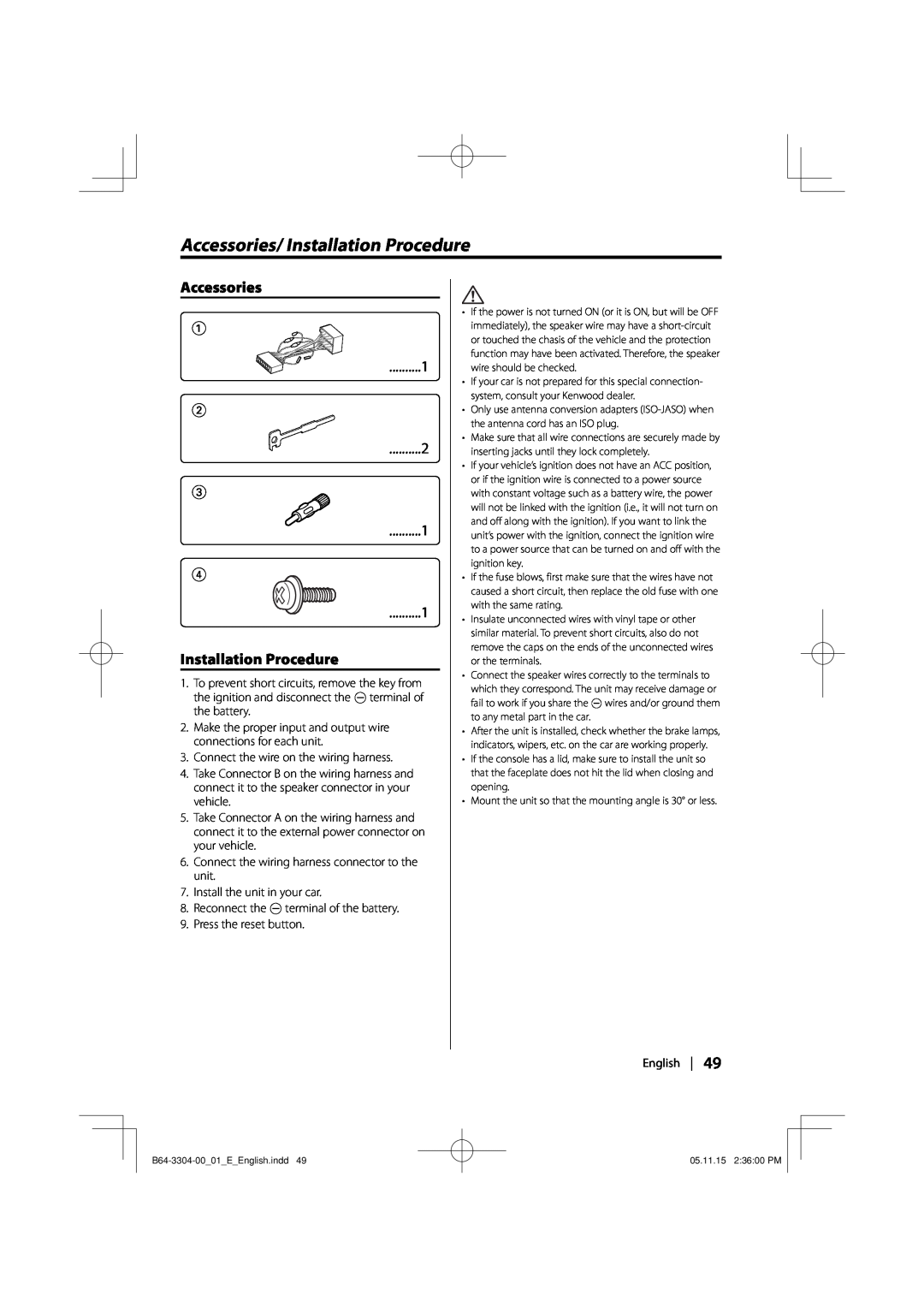 Dolby Laboratories KDC-W8534 instruction manual Accessories/ Installation Procedure 