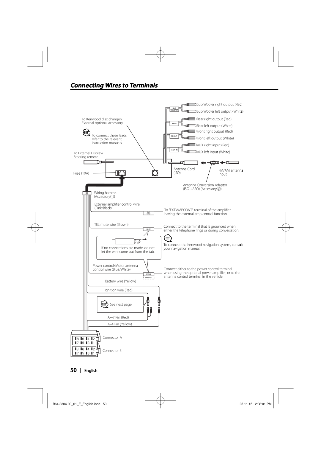 Dolby Laboratories KDC-W8534 instruction manual Connecting Wires to Terminals, English 