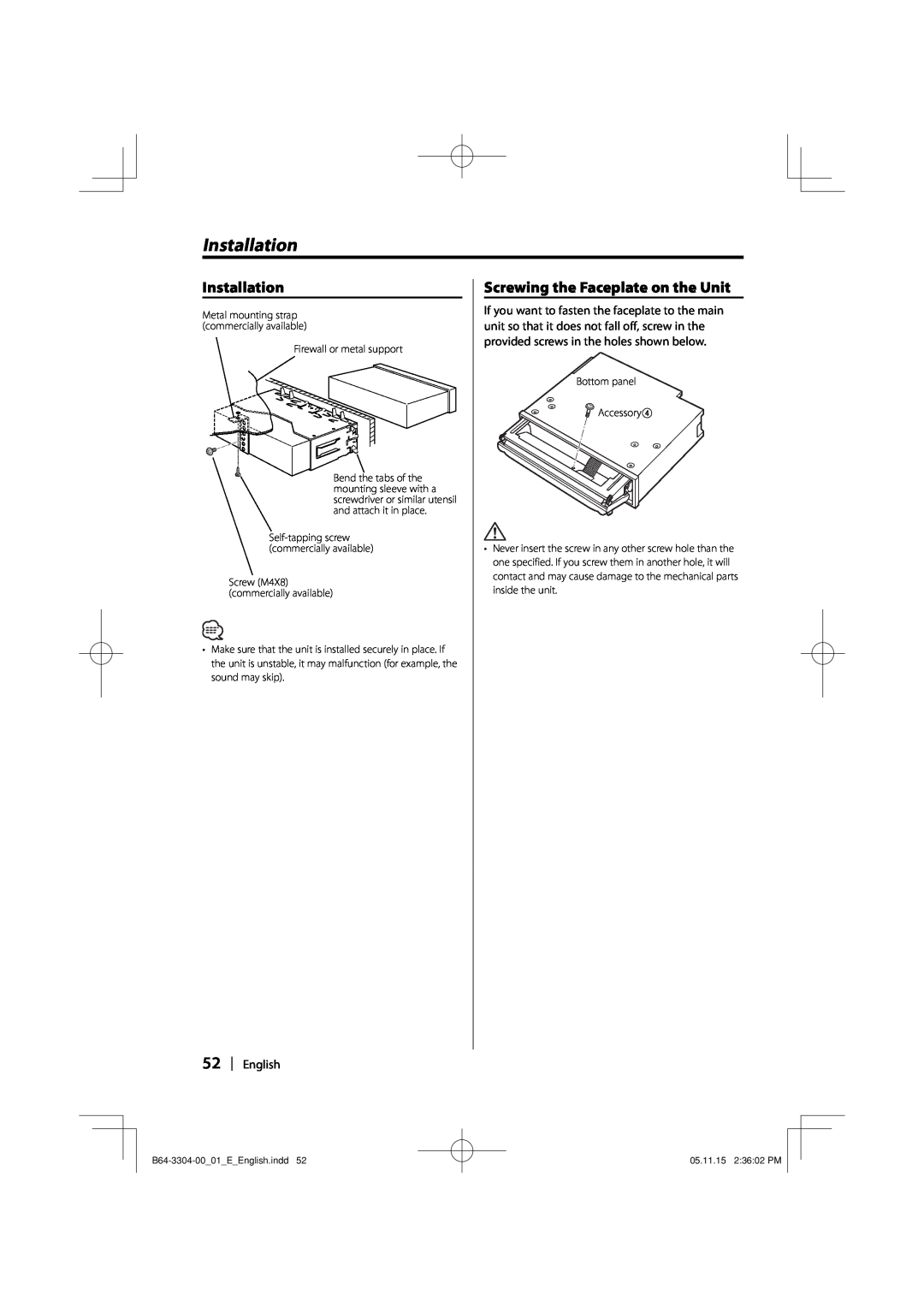 Dolby Laboratories KDC-W8534 instruction manual Installation, Screwing the Faceplate on the Unit 