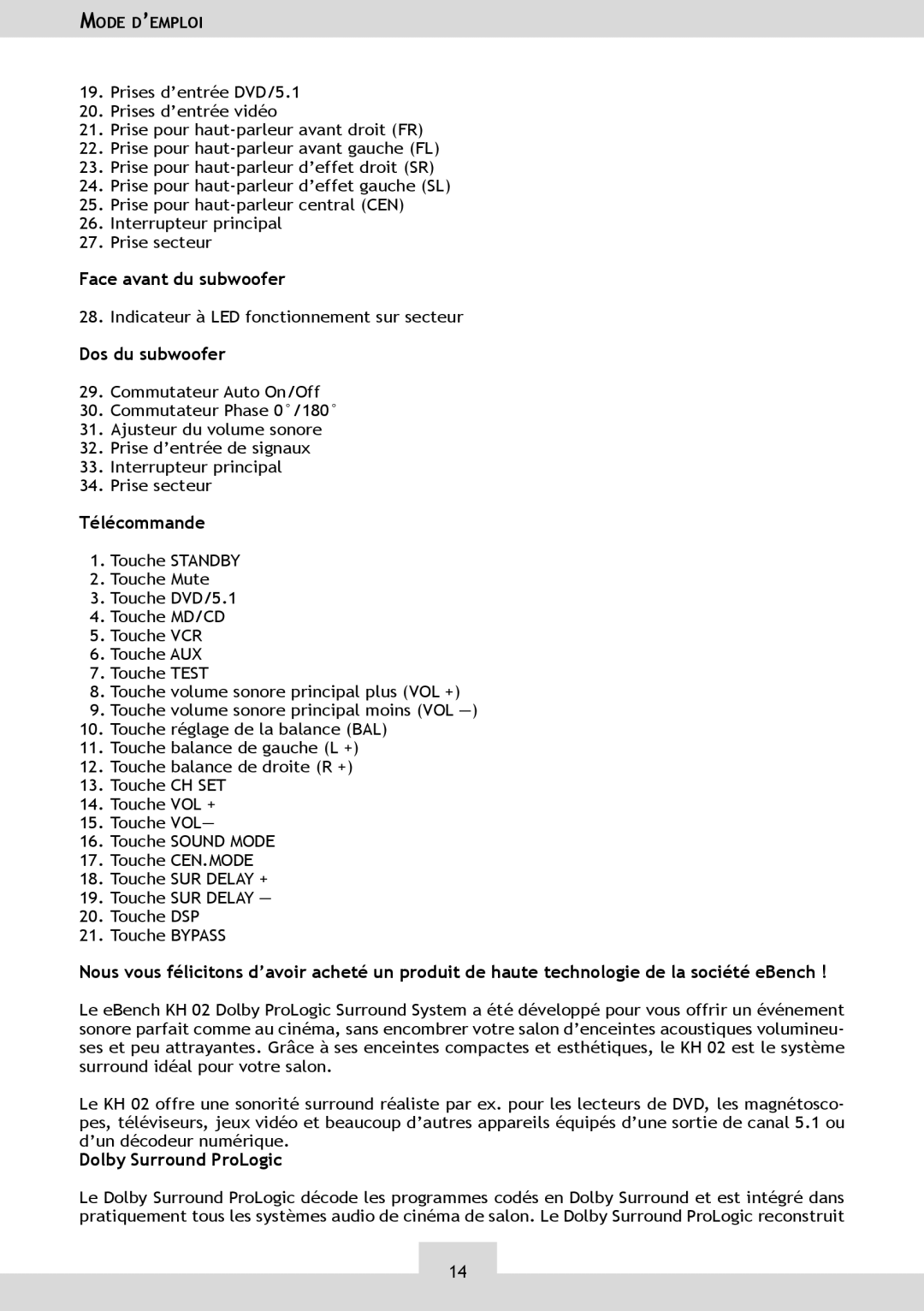 Dolby Laboratories KH 02 manual Face avant du subwoofer, Dos du subwoofer, Télécommande 