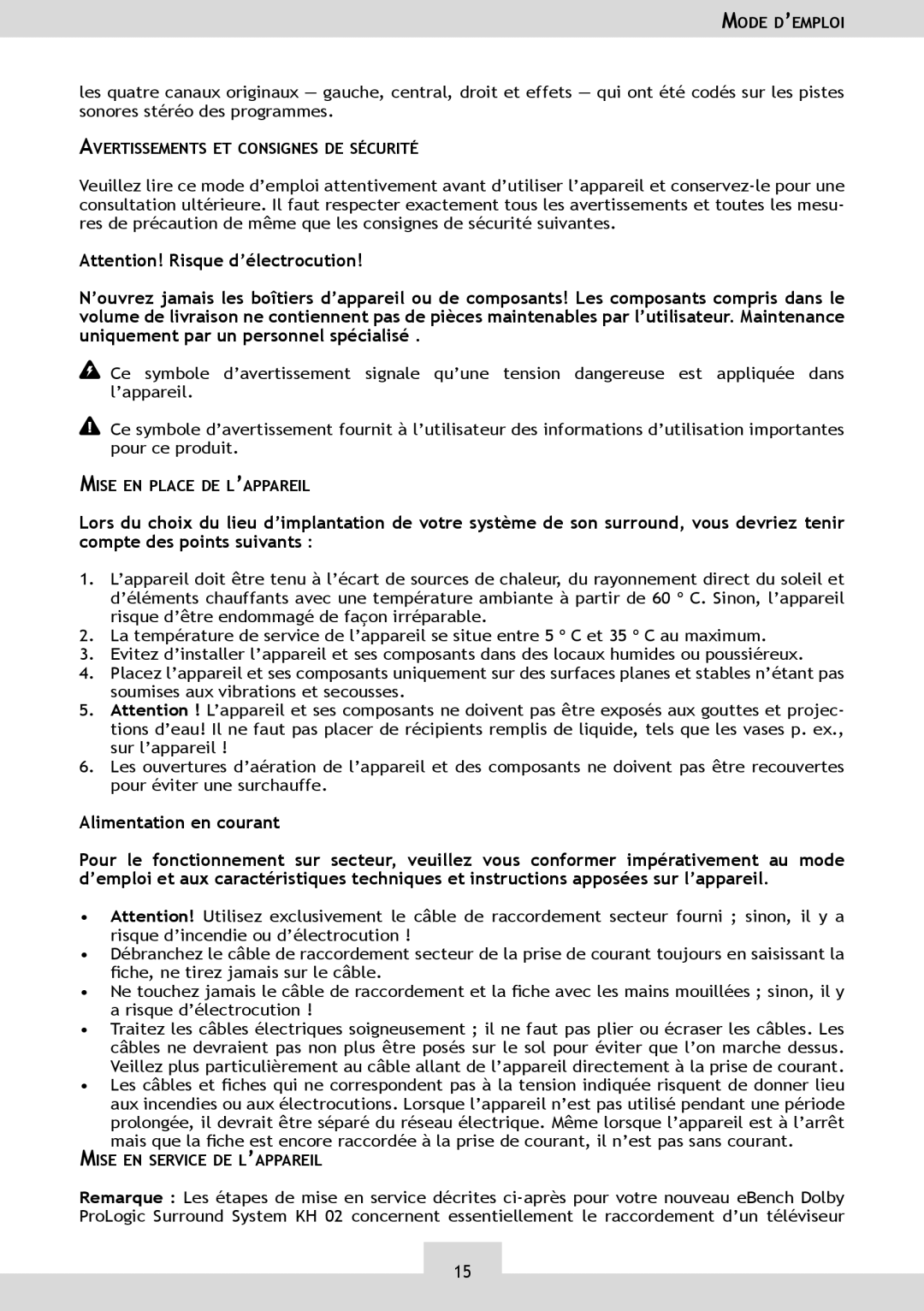 Dolby Laboratories KH 02 manual Avertissements ET Consignes DE Sécurité 