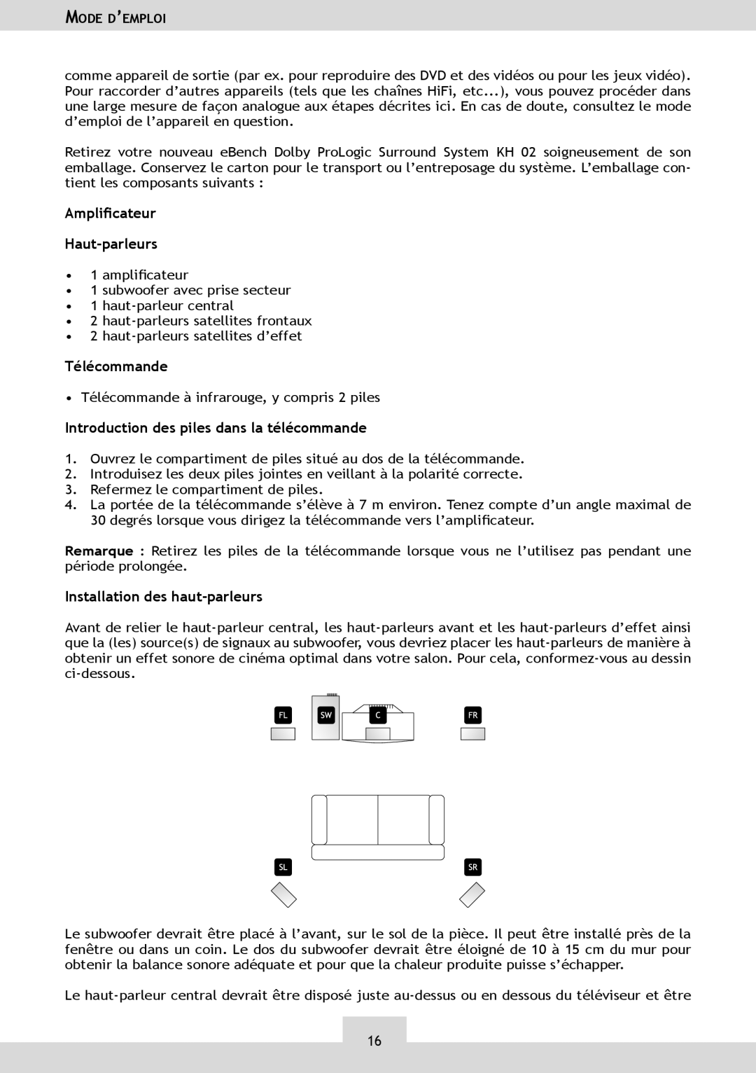 Dolby Laboratories KH 02 manual Amplicateur Haut-parleurs, Introduction des piles dans la télécommande 