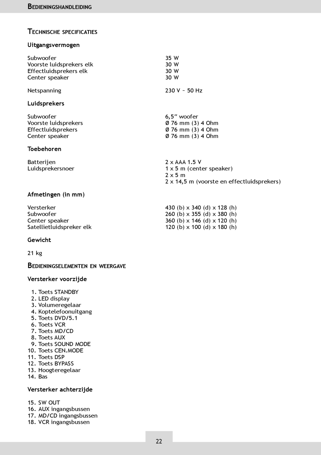 Dolby Laboratories KH 02 manual Uitgangsvermogen, Luidsprekers, Toebehoren, Afmetingen in mm, Versterker voorzijde 