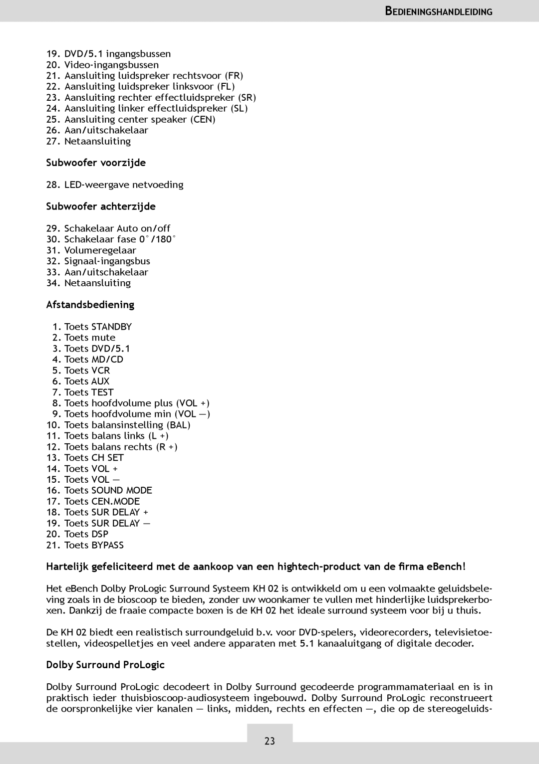 Dolby Laboratories KH 02 manual Subwoofer voorzijde, Subwoofer achterzijde, Afstandsbediening 