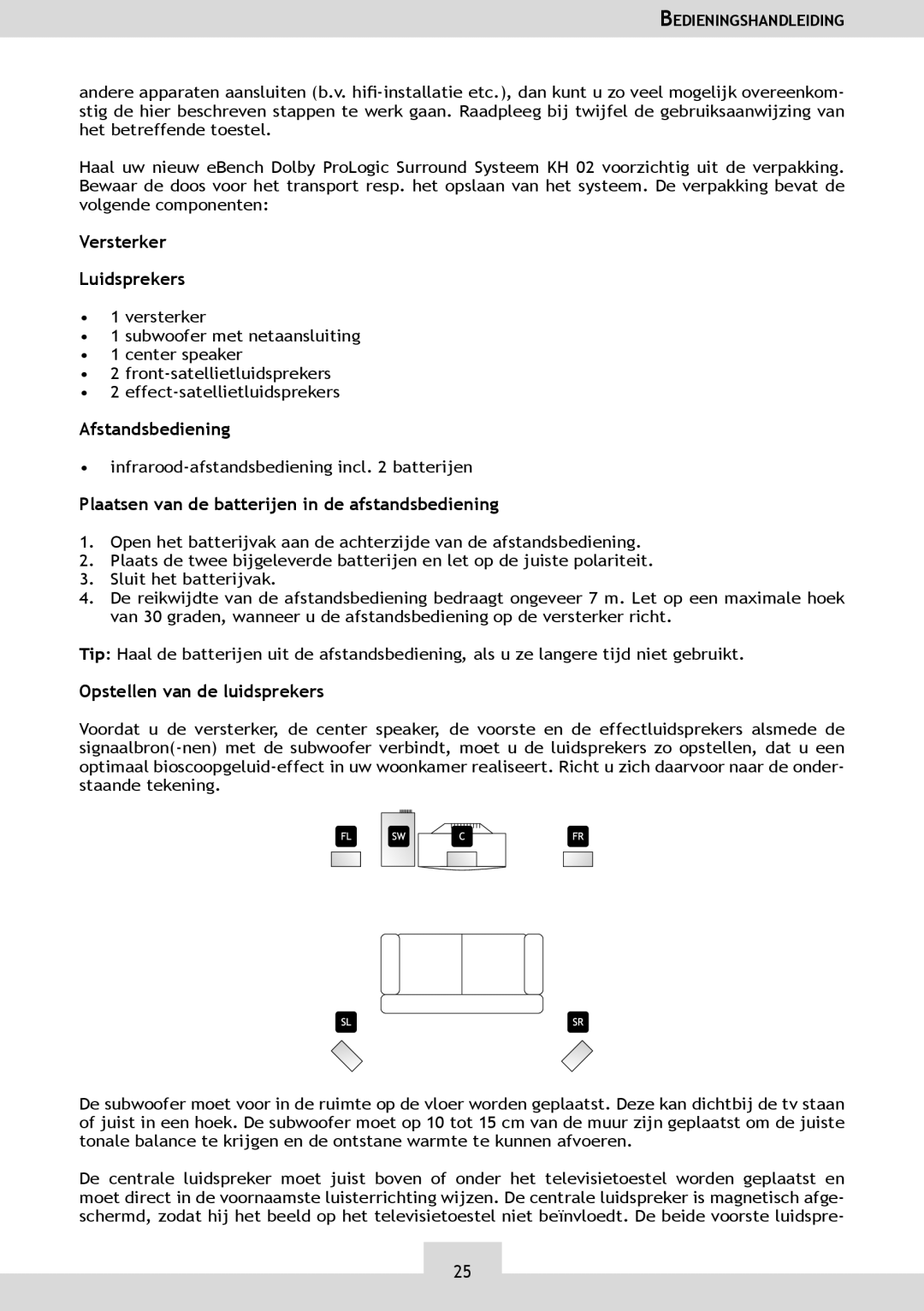 Dolby Laboratories KH 02 manual Versterker Luidsprekers, Plaatsen van de batterijen in de afstandsbediening 