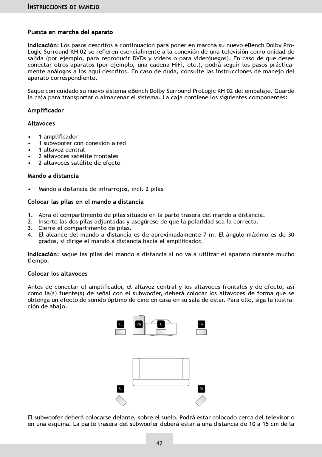 Dolby Laboratories KH 02 Puesta en marcha del aparato, Amplicador Altavoces, Colocar las pilas en el mando a distancia 