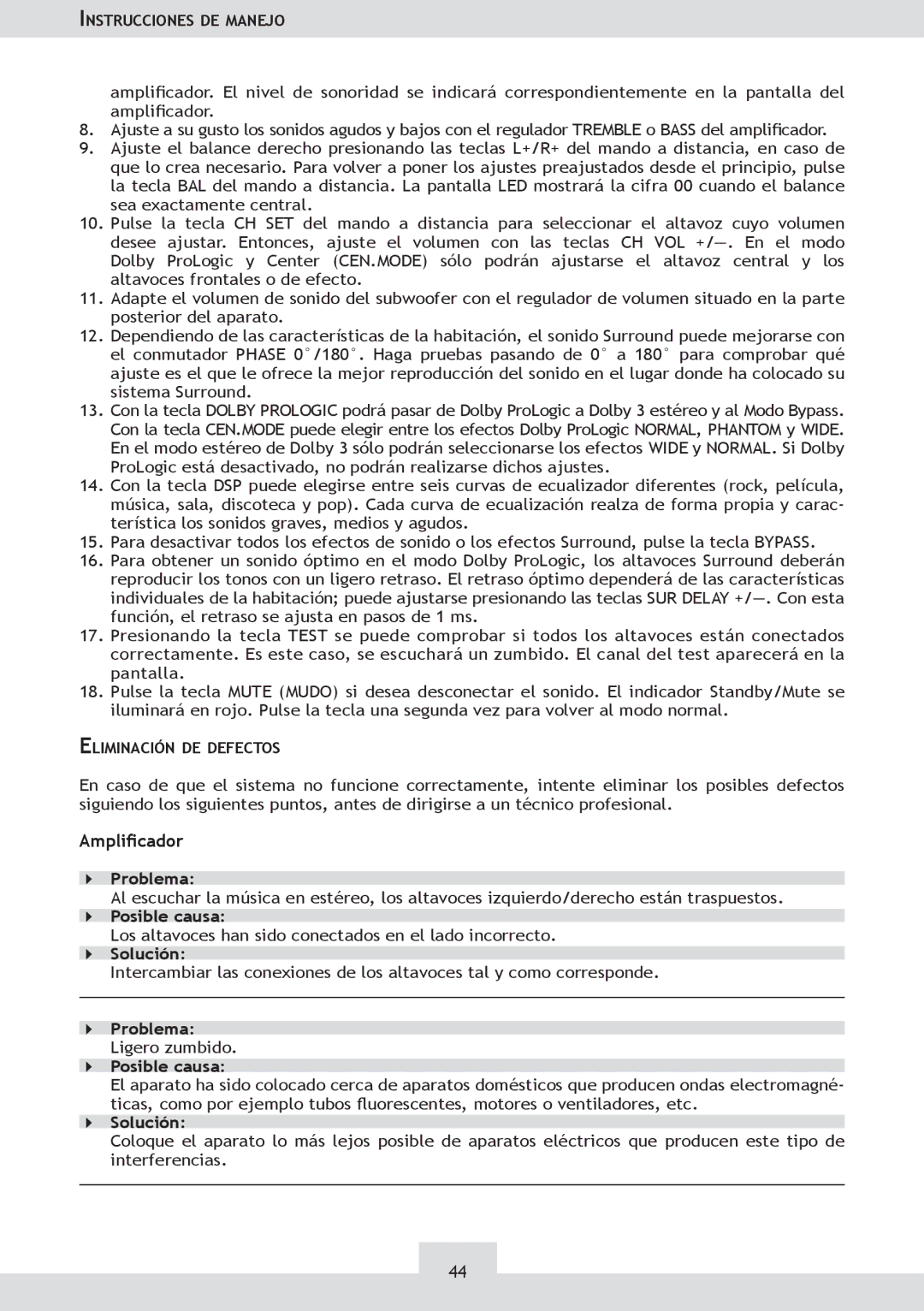 Dolby Laboratories KH 02 manual Amplicador, Problema Ligero zumbido Posible causa 