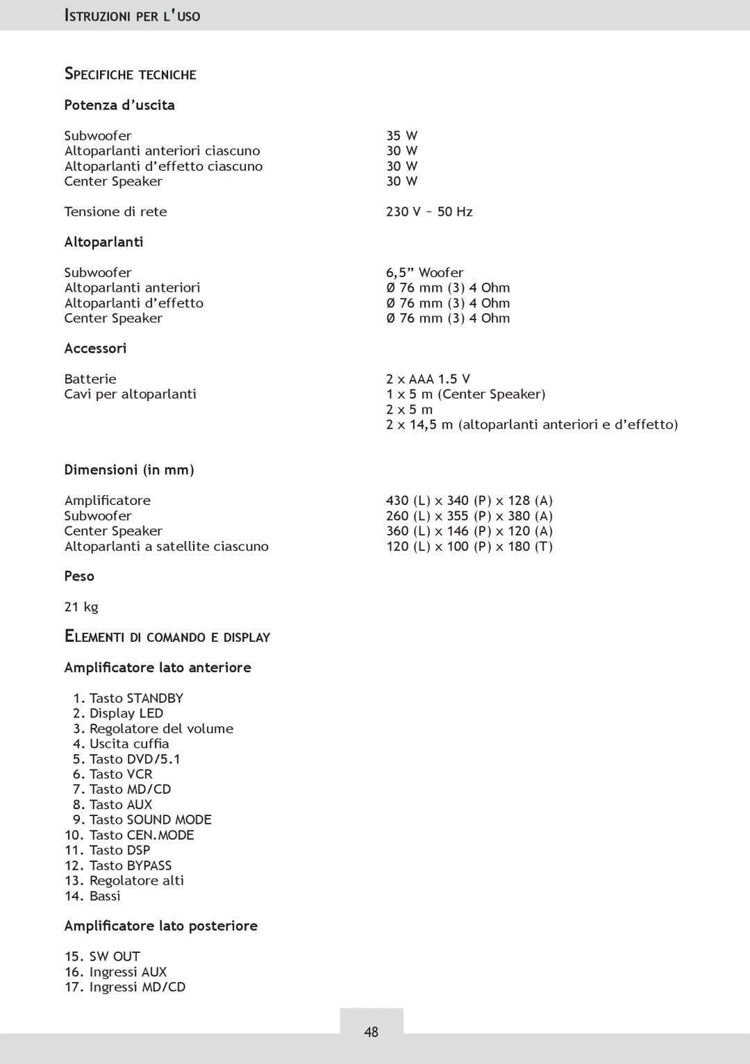 Dolby Laboratories KH 02 manual Potenza d’uscita, Altoparlanti, Accessori, Dimensioni in mm, Amplicatore lato anteriore 