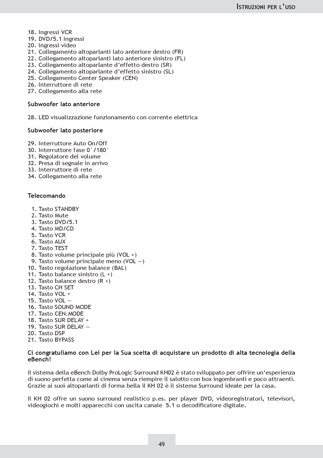 Dolby Laboratories KH 02 manual Subwoofer lato anteriore, Subwoofer lato posteriore, Telecomando 