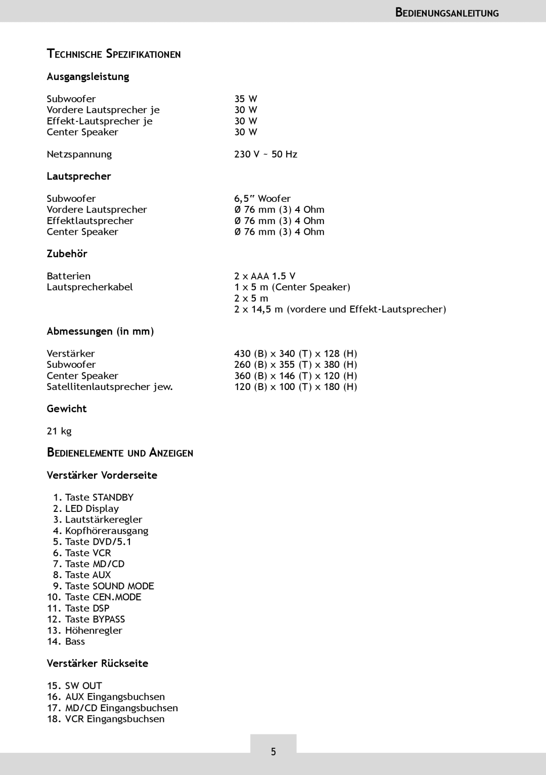 Dolby Laboratories KH 02 manual Ausgangsleistung, Lautsprecher, Zubehör, Abmessungen in mm, Gewicht, Verstärker Vorderseite 