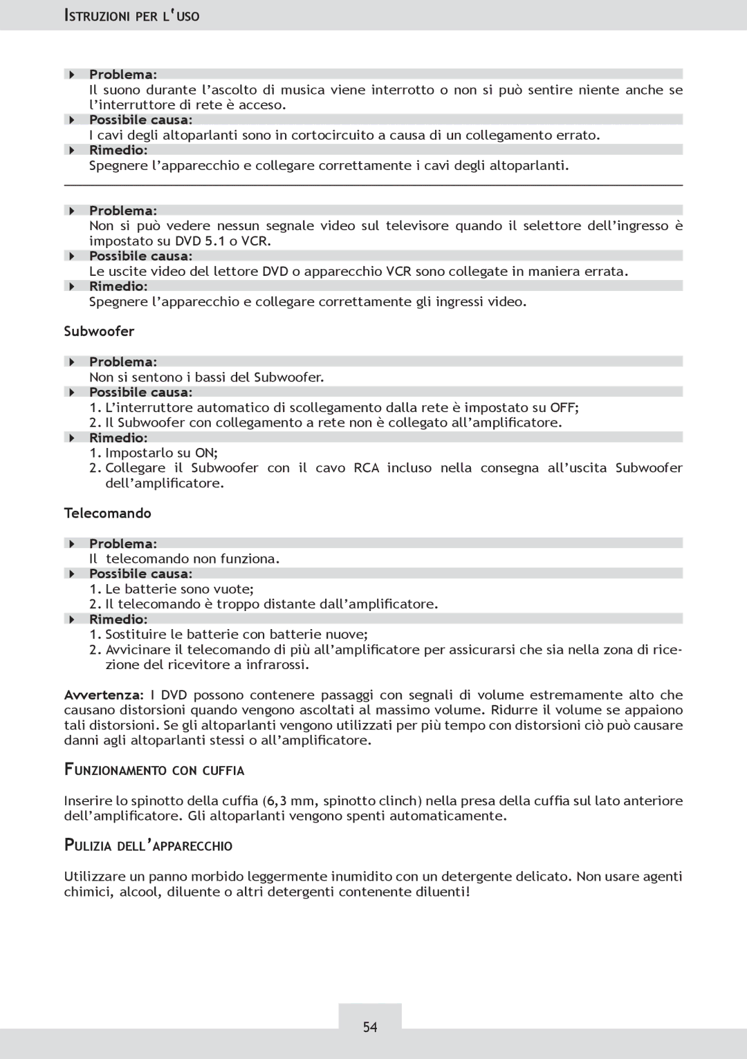 Dolby Laboratories KH 02 manual Non si sentono i bassi del Subwoofer 