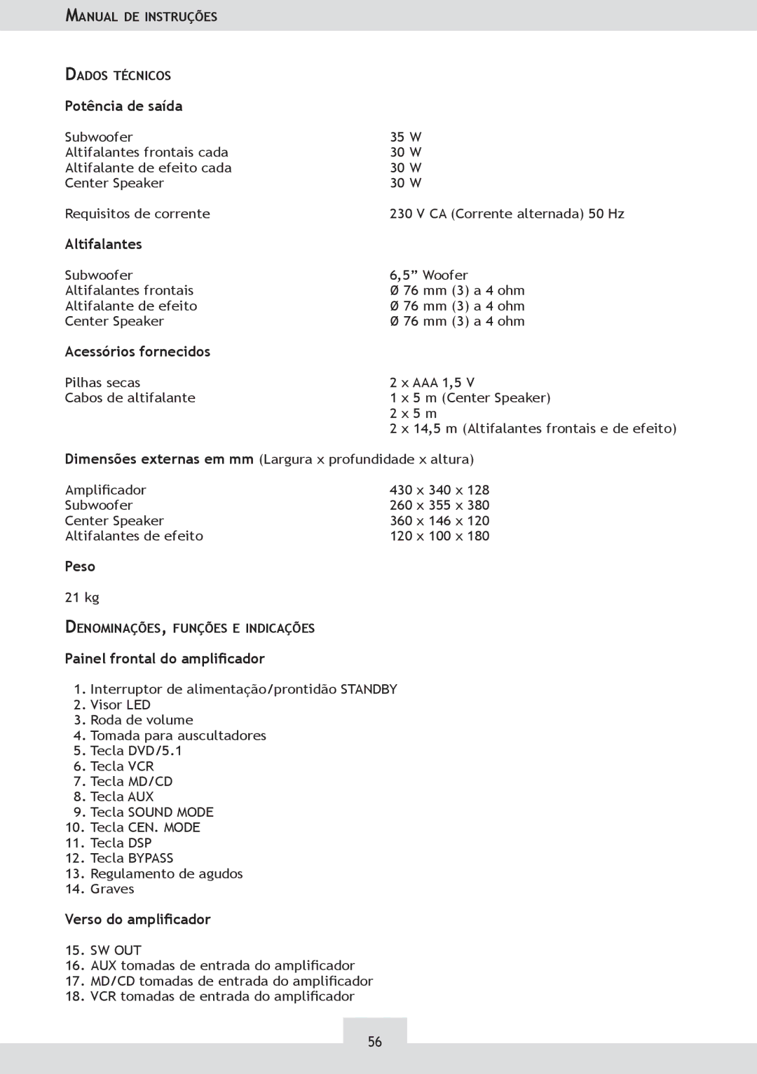 Dolby Laboratories KH 02 manual Potência de saída, Altifalantes, Acessórios fornecidos, Painel frontal do amplicador 