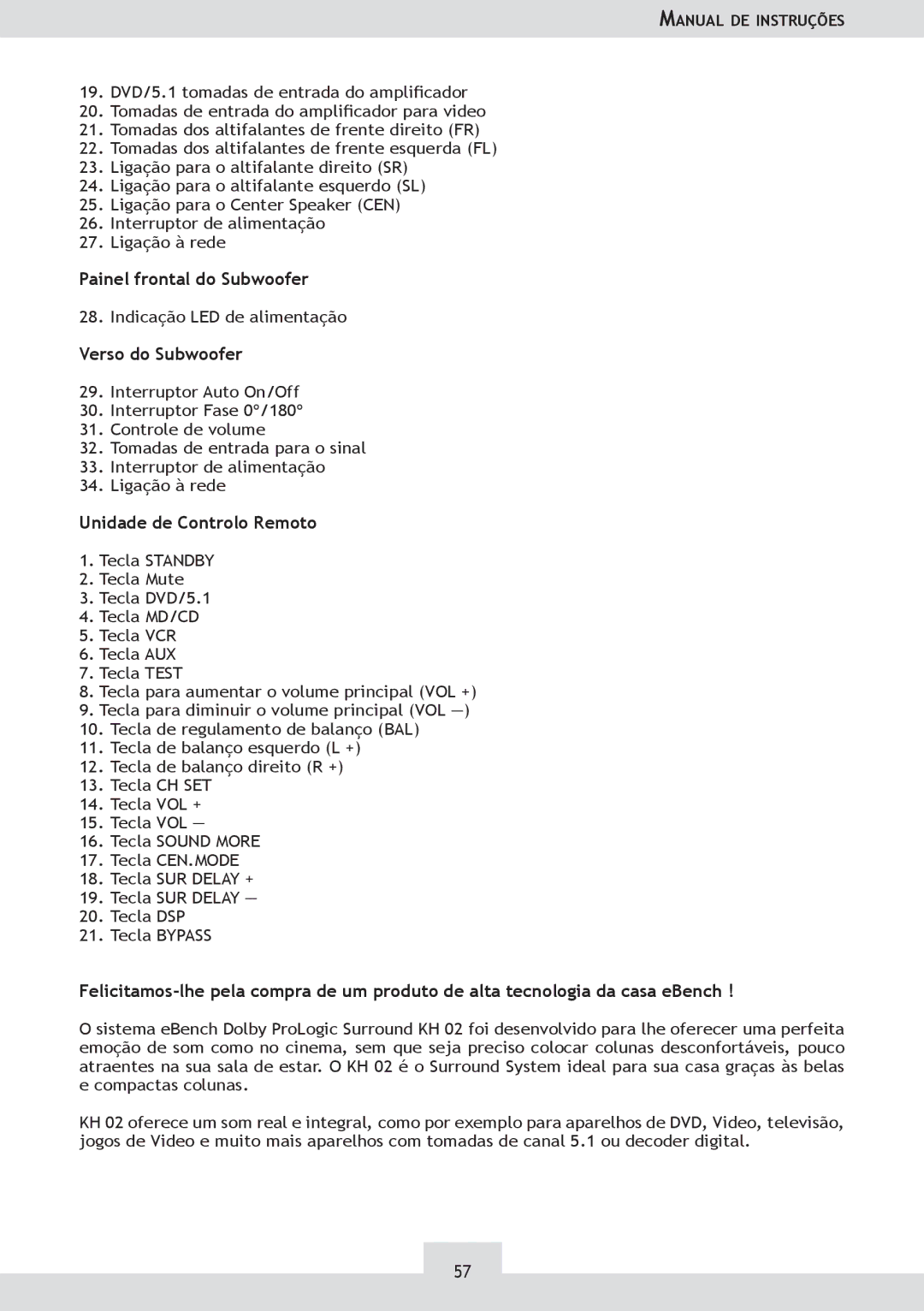 Dolby Laboratories KH 02 manual Painel frontal do Subwoofer, Verso do Subwoofer, Unidade de Controlo Remoto 