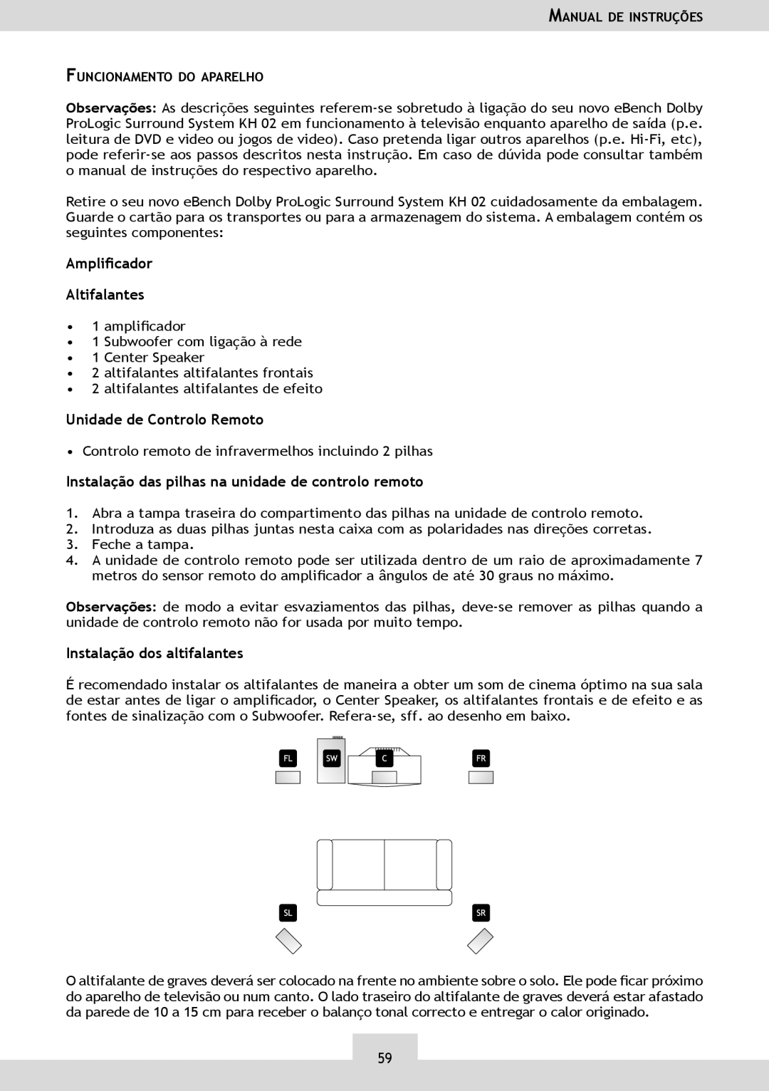 Dolby Laboratories KH 02 manual Amplicador Altifalantes, Instalação das pilhas na unidade de controlo remoto 