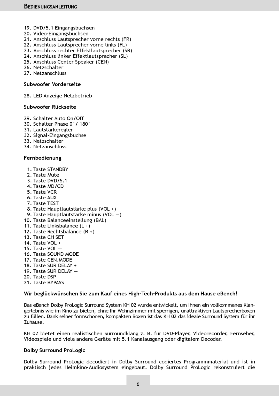 Dolby Laboratories KH 02 manual Subwoofer Vorderseite, Subwoofer Rückseite, Fernbedienung, Dolby Surround ProLogic 