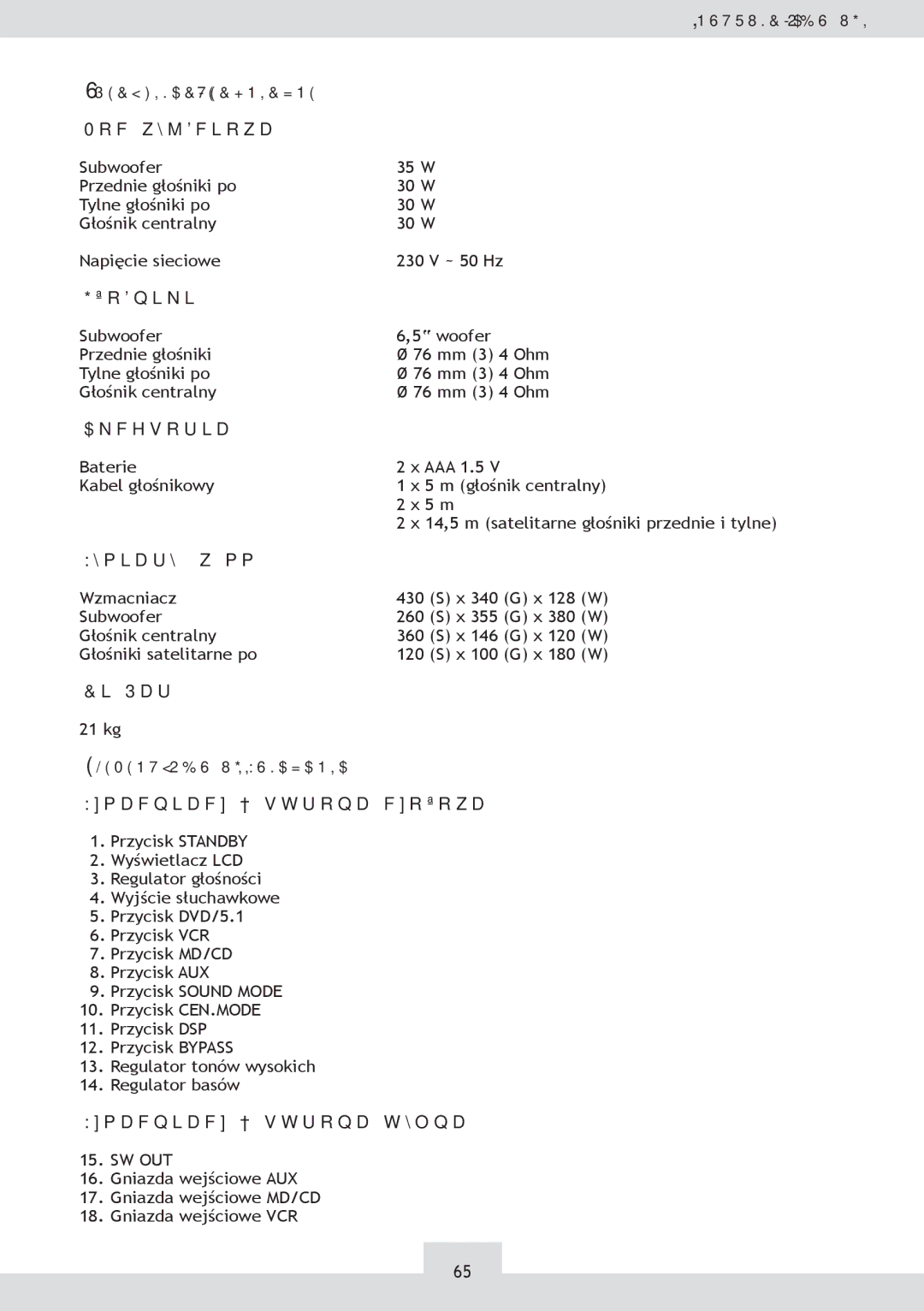 Dolby Laboratories KH 02 manual Moc wyjściowa, Głośniki, Akcesoria, Wymiary w mm, Ciężar, Wzmacniacz strona czołowa 