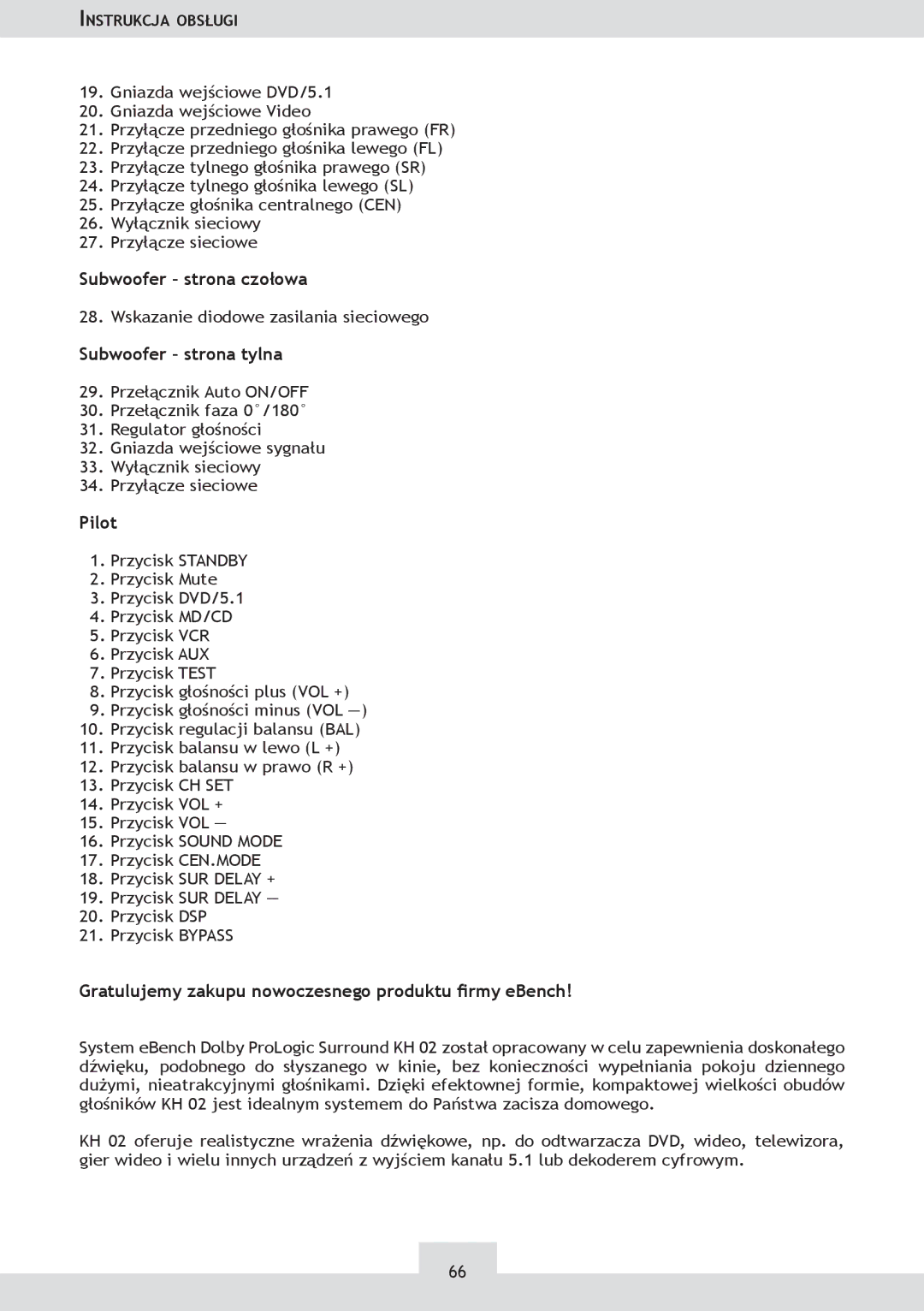 Dolby Laboratories KH 02 manual Subwoofer strona czołowa, Subwoofer strona tylna, Pilot 