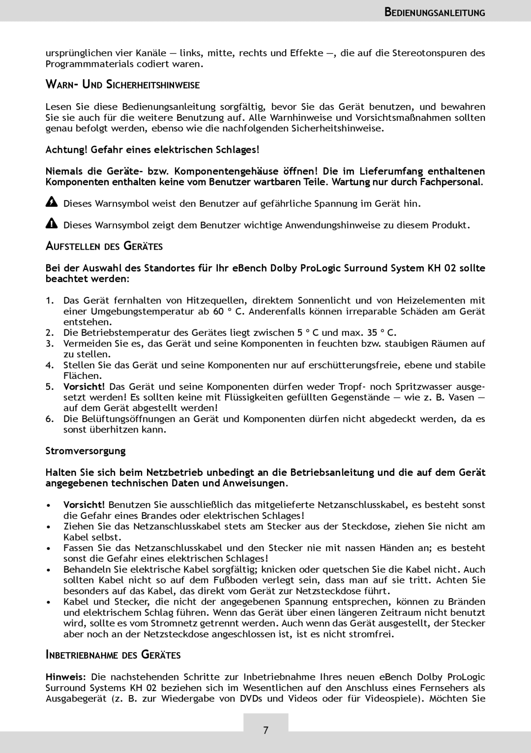 Dolby Laboratories KH 02 manual Achtung! Gefahr eines elektrischen Schlages 