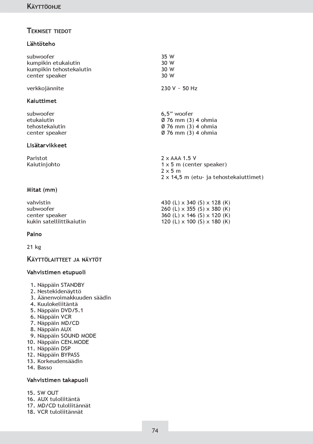 Dolby Laboratories KH 02 Lähtöteho, Kaiuttimet, Lisätarvikkeet, Mitat mm, Vahvistimen etupuoli, Vahvistimen takapuoli 