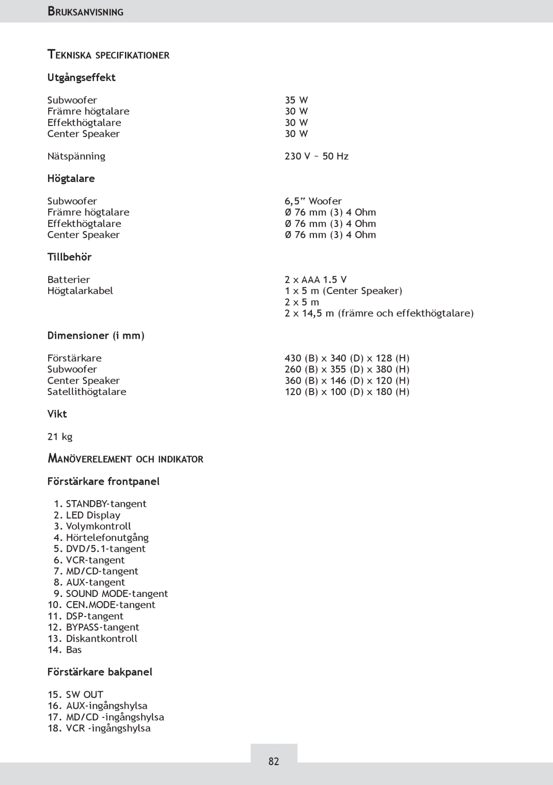 Dolby Laboratories KH 02 manual Utgångseffekt, Högtalare, Tillbehör, Dimensioner i mm, Vikt, Förstärkare frontpanel 