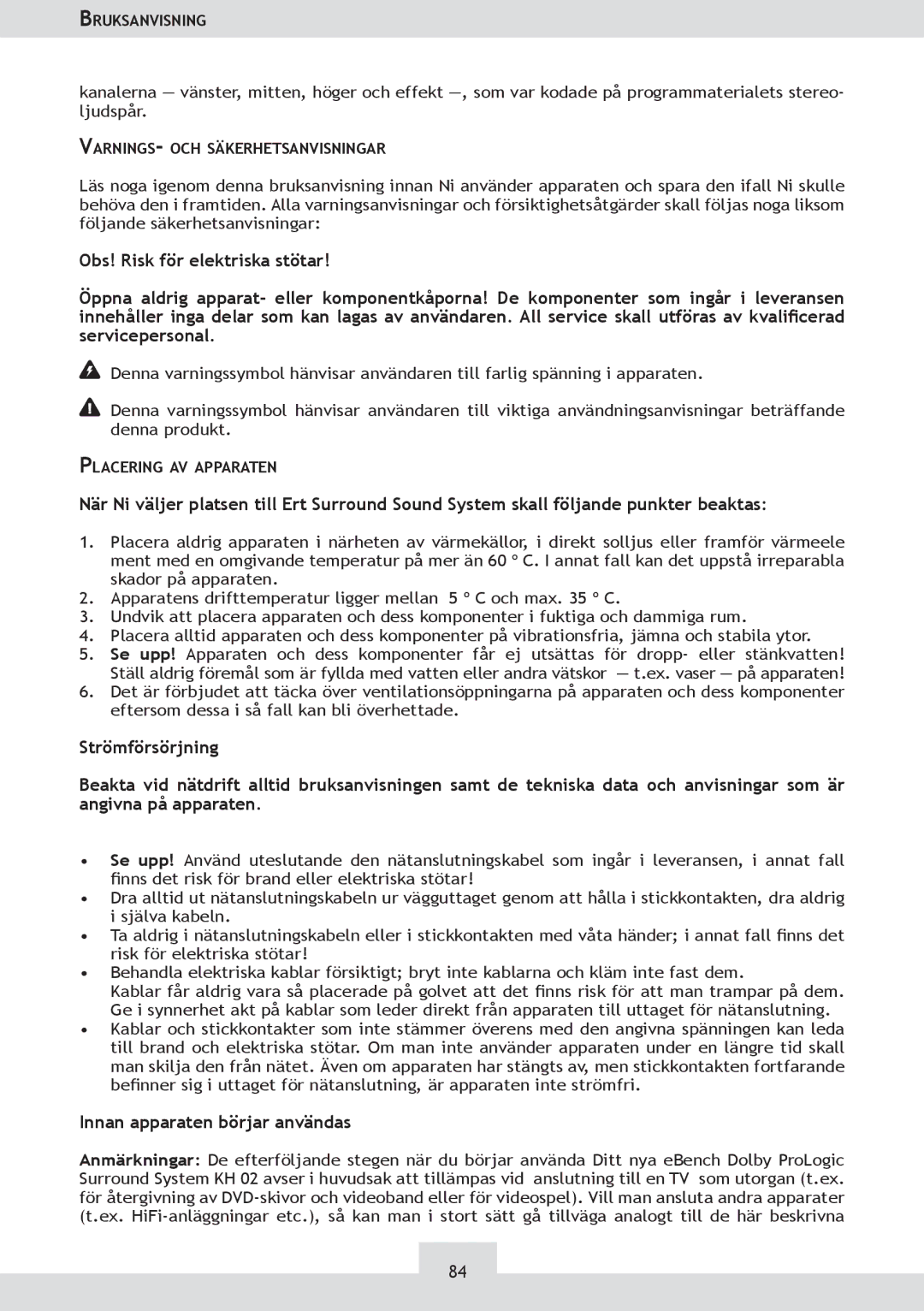 Dolby Laboratories KH 02 manual Innan apparaten börjar användas 