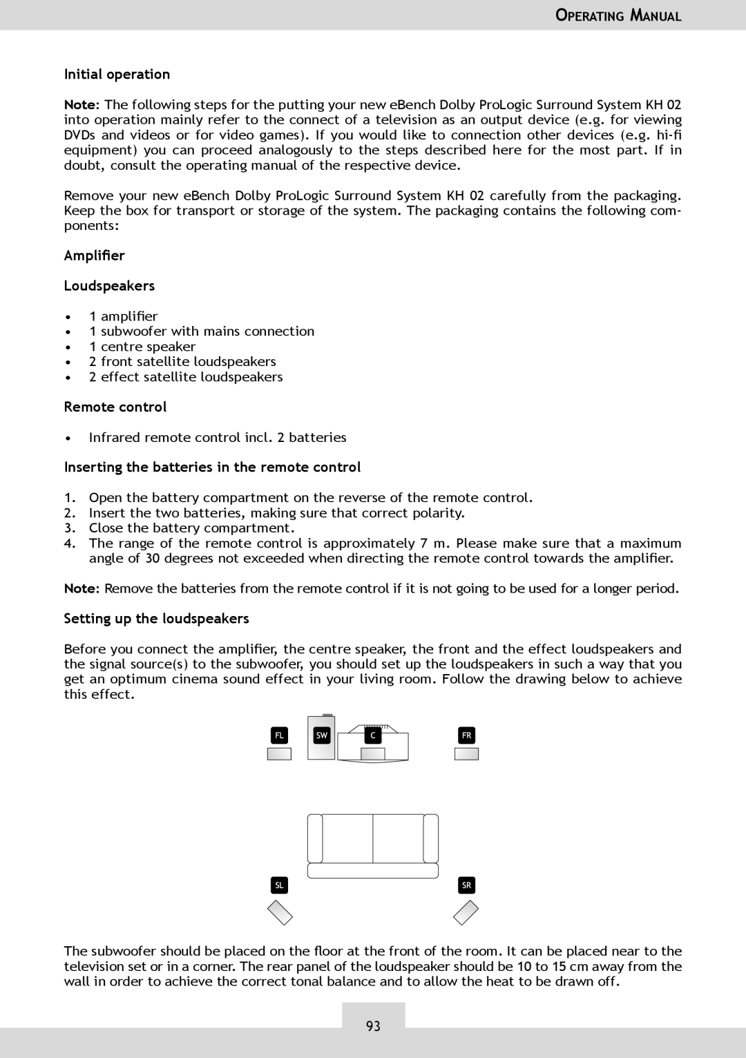 Dolby Laboratories KH 02 manual Initial operation, Amplier Loudspeakers, Inserting the batteries in the remote control 