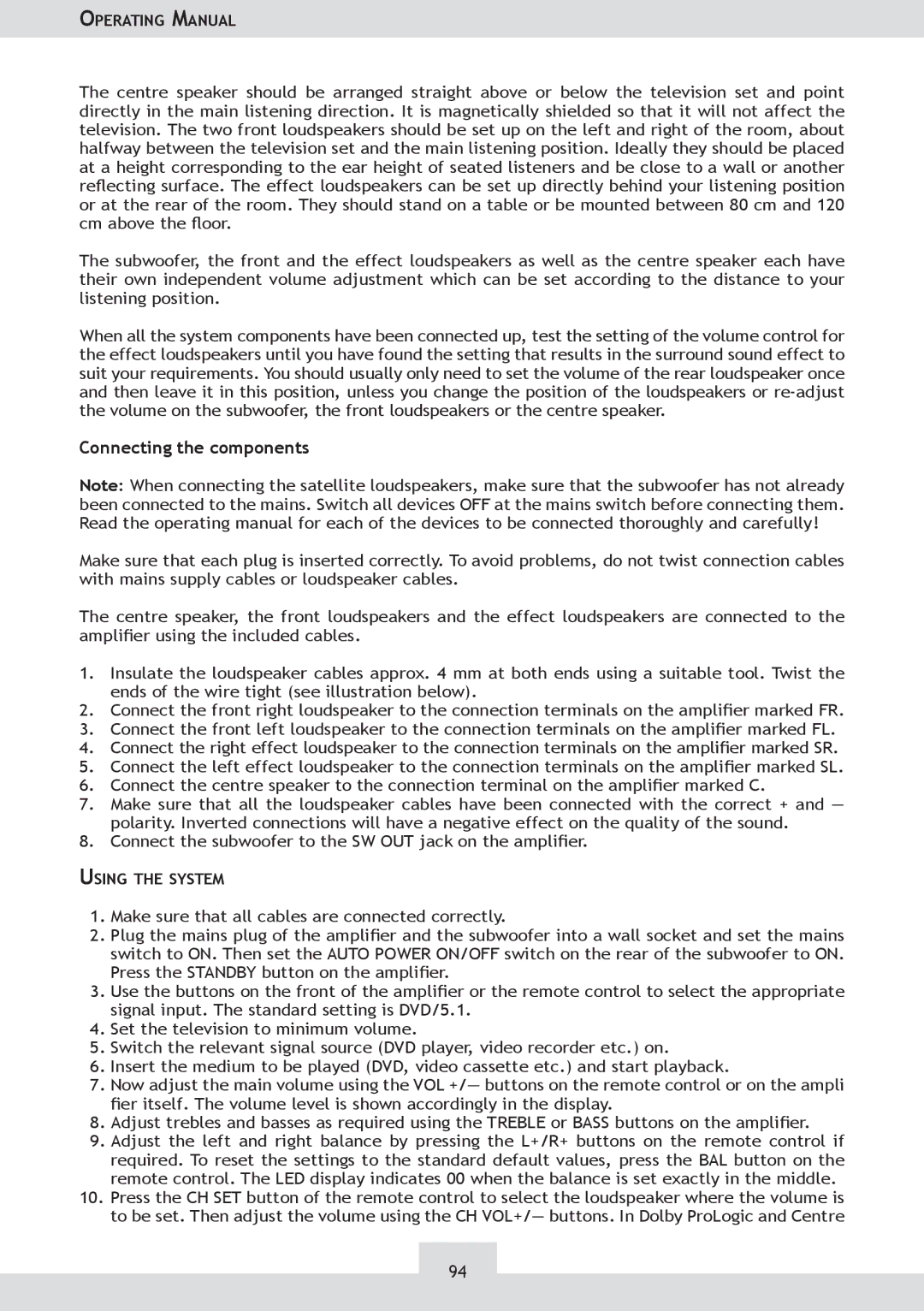 Dolby Laboratories KH 02 manual Connecting the components 