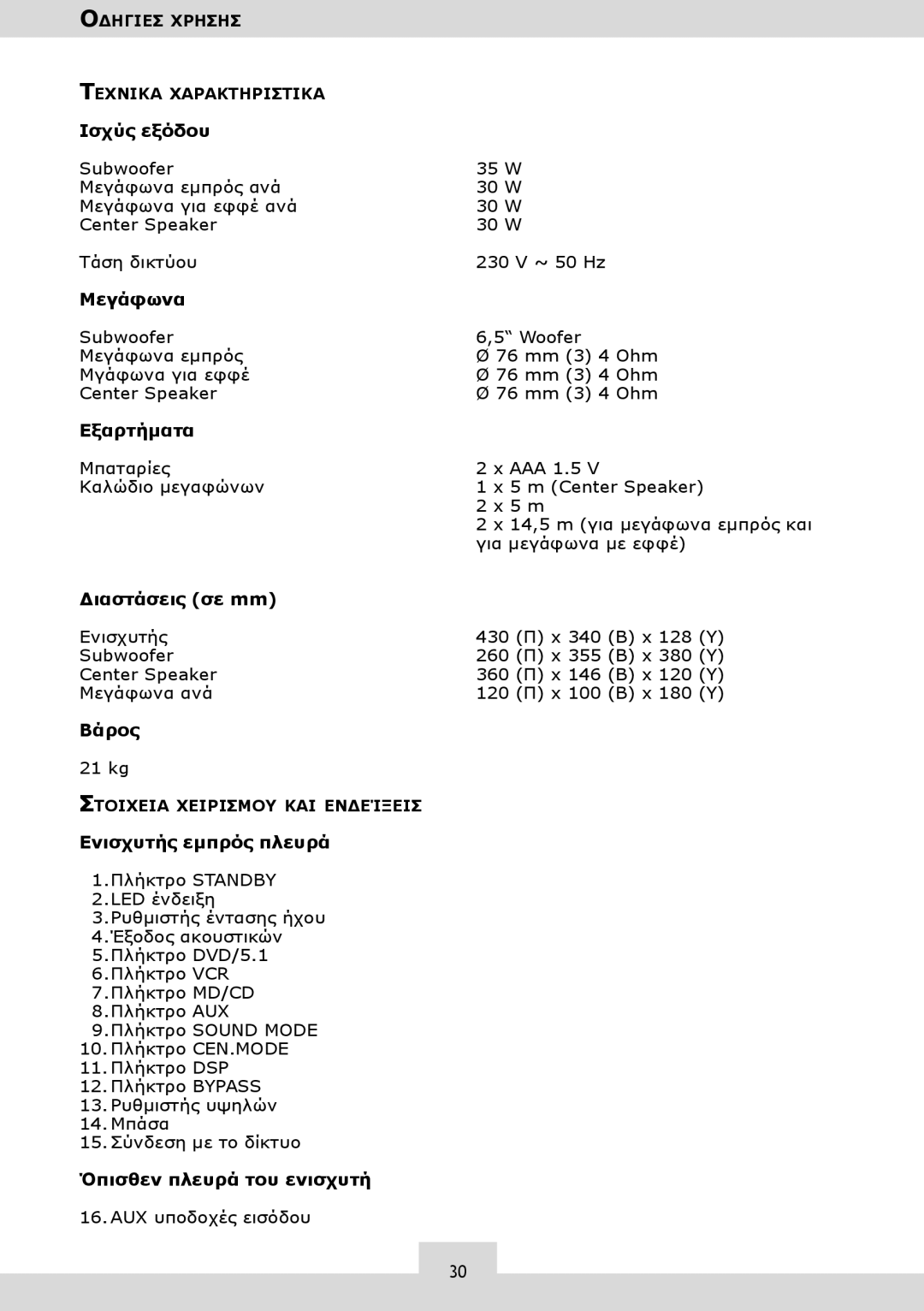 Dolby Laboratories KH 02 manual Μεγάφωνα, Εξαρτήματα, Διαστάσεις σε mm, Βάρος, Ενισχυτής εμπρός πλευρά 