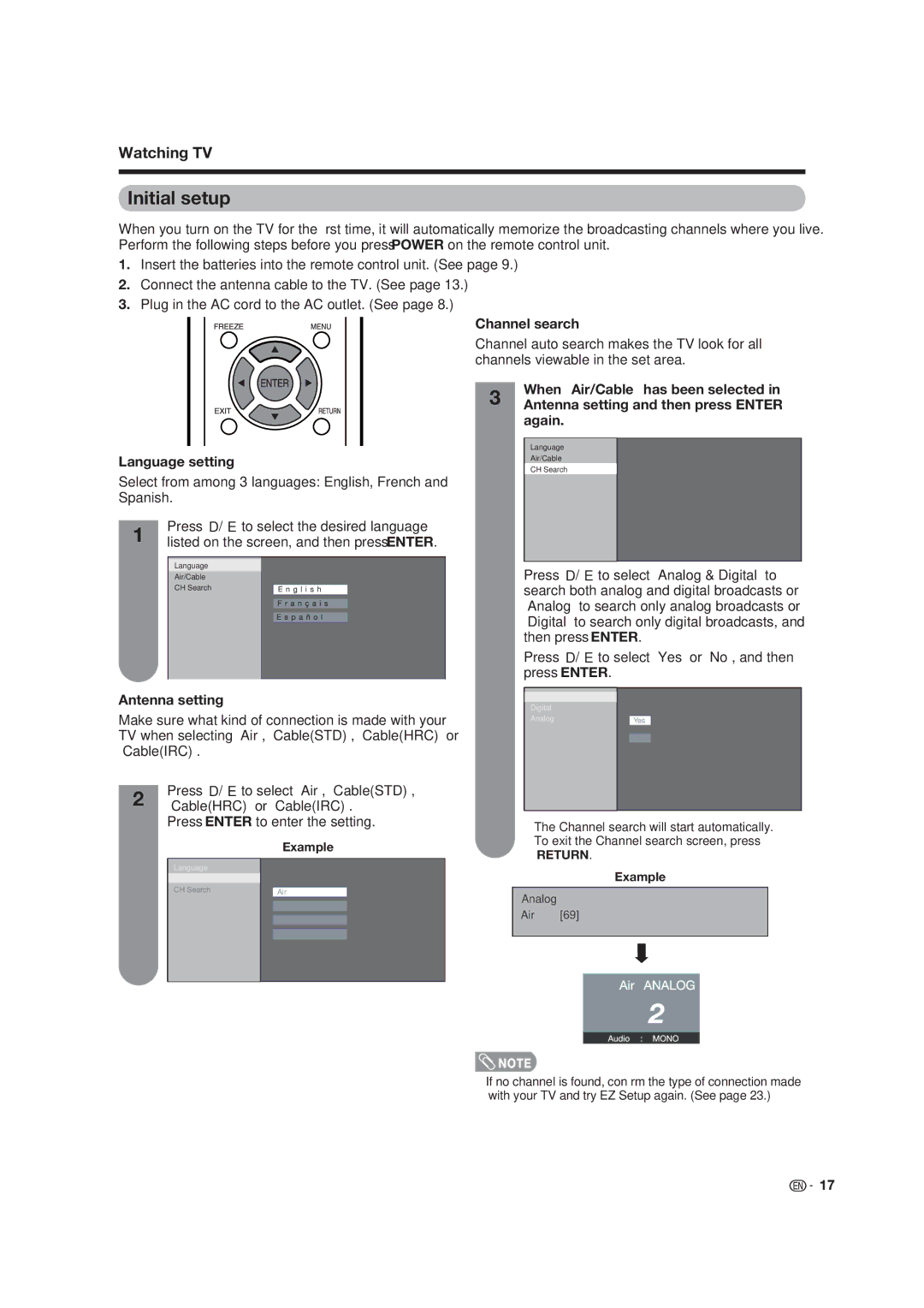 Dolby Laboratories LC-19SB15U, LC-19SB25U Initial setup, Channel search Language setting, Antenna setting, Example 