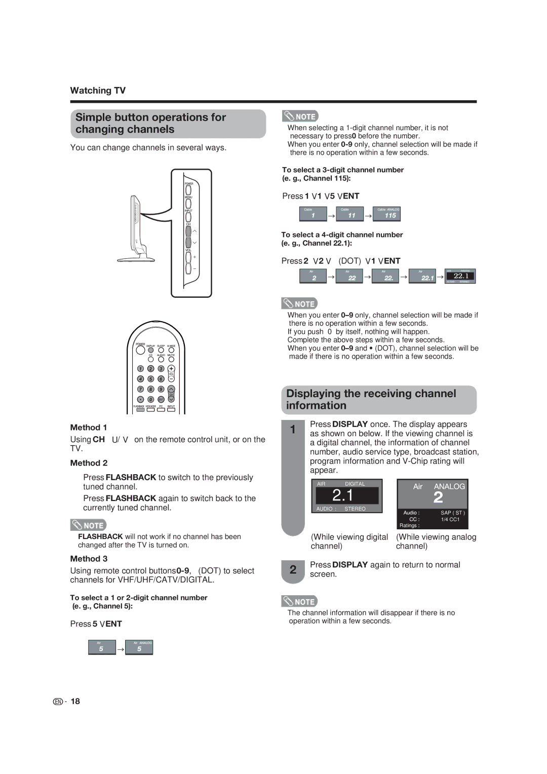 Dolby Laboratories LC-19SB25U Simple button operations for changing channels, Displaying the receiving channel information 