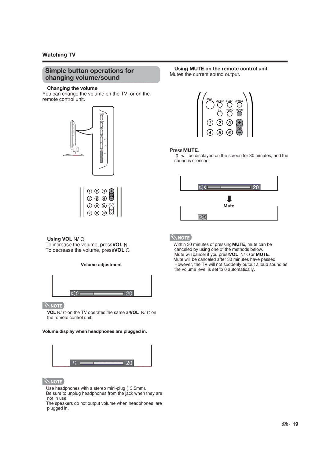 Dolby Laboratories LC-19SB25U-W Simple button operations for changing volume/sound, Changing the volume, Press Mute 