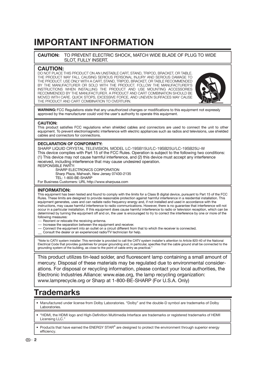 Dolby Laboratories LC-19SB15U, LC-19SB25U-W operation manual Trademarks 