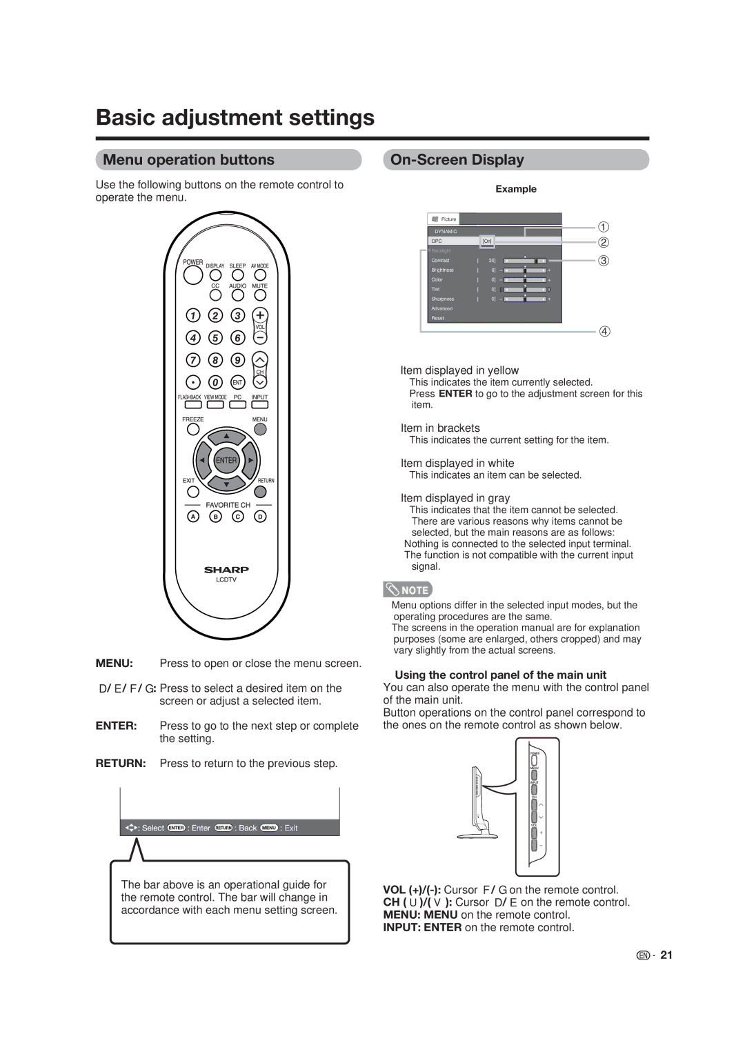 Dolby Laboratories LC-19SB25U-W, LC-19SB15U Basic adjustment settings, Menu operation buttons, On-Screen Display 