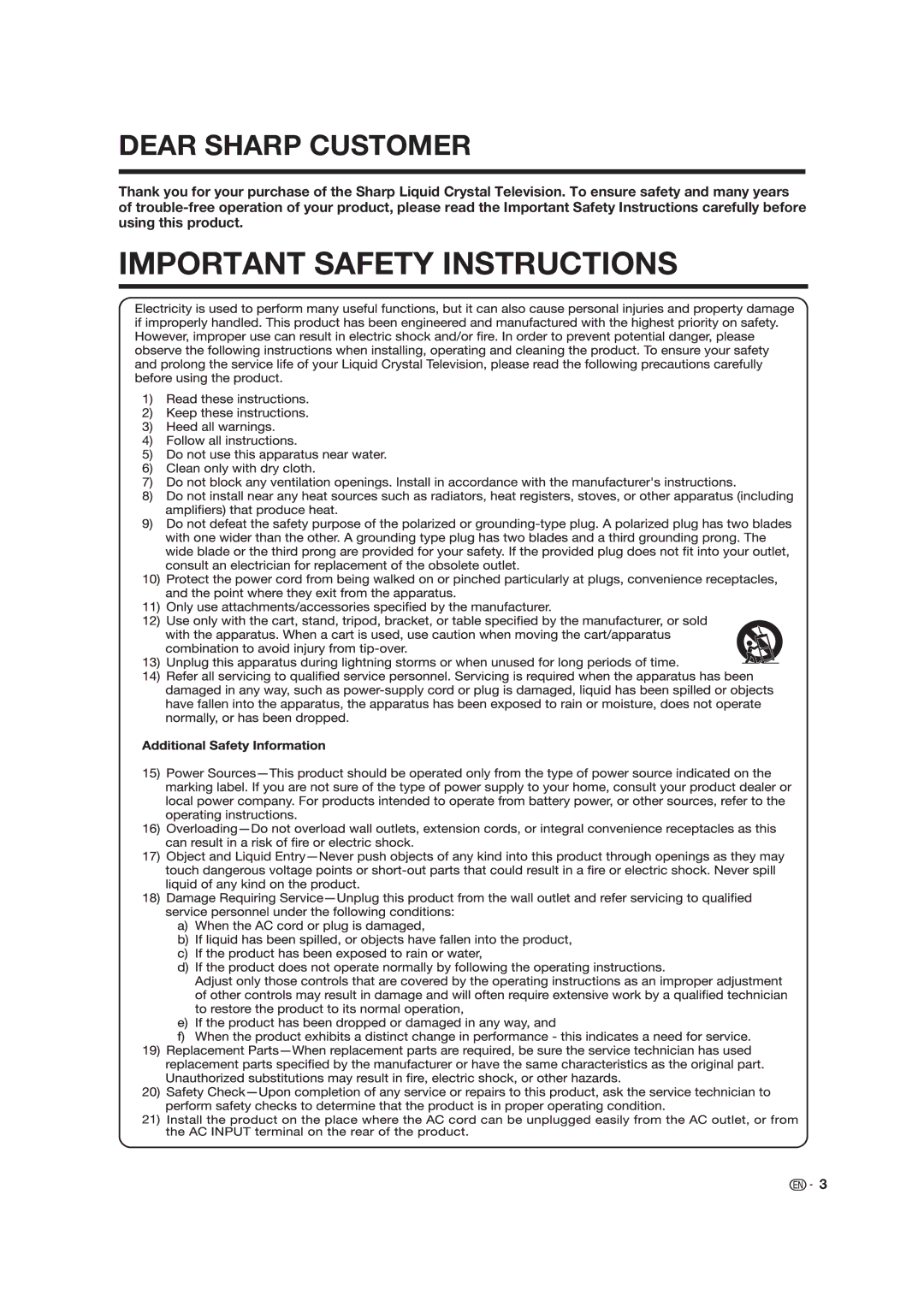 Dolby Laboratories LC-19SB25U-W, LC-19SB15U operation manual Important Safety Instructions 