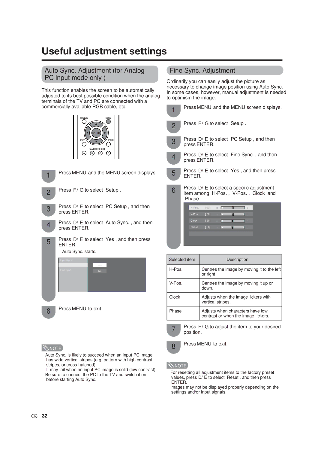 Dolby Laboratories LC-19SB15U, LC-19SB25U Useful adjustment settings, Auto Sync. Adjustment for Analog PC input mode only 