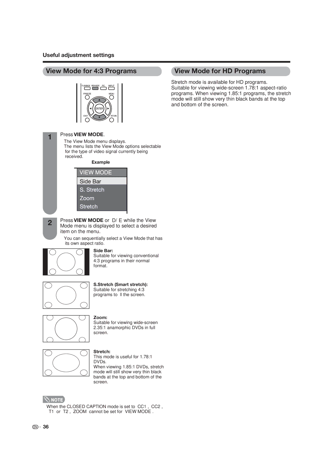 Dolby Laboratories LC-19SB25U View Mode for 43 Programs View Mode for HD Programs, Press View Mode, Item on the menu 