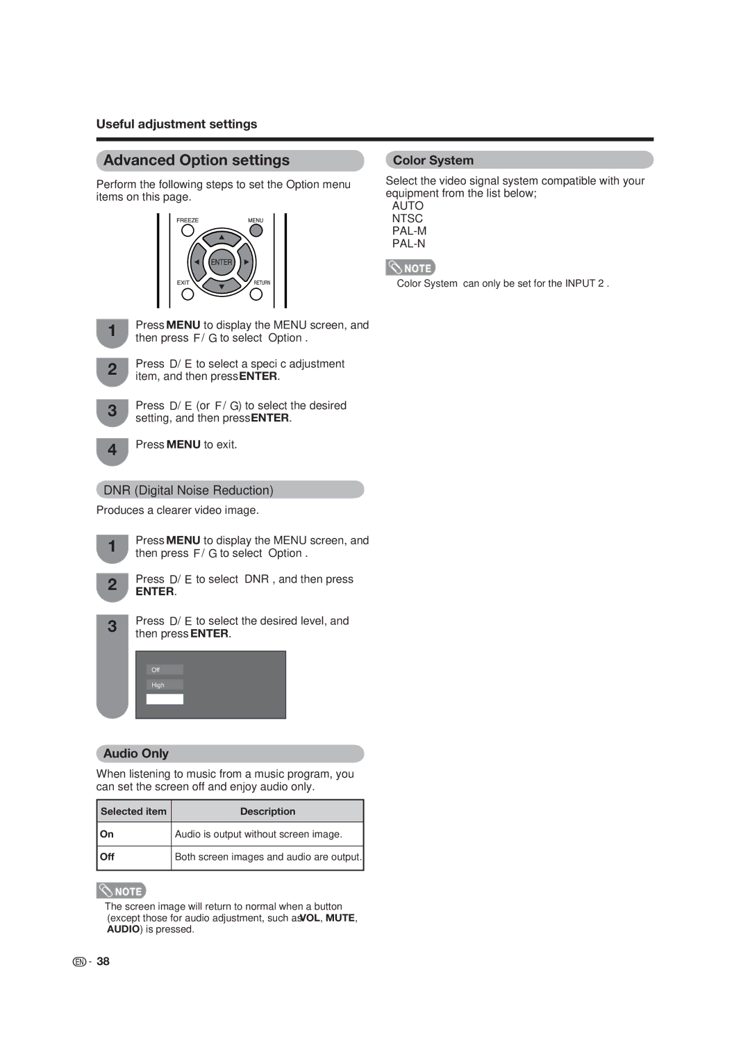 Dolby Laboratories LC-19SB15U, LC-19SB25U-W operation manual Advanced Option settings 