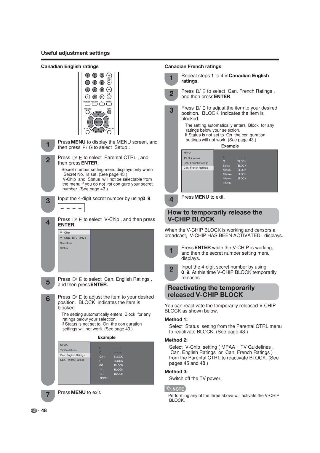 Dolby Laboratories LC-19SB25U How to temporarily release, Reactivating the temporarily released V-CHIP Block, Ratings 