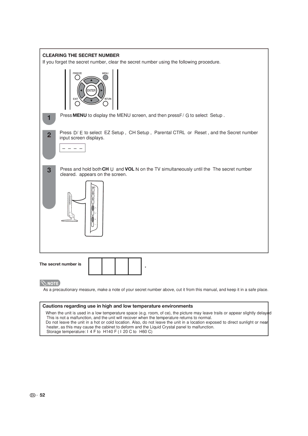 Dolby Laboratories LC-19SB25U-W, LC-19SB15U Input screen displays, Cleared. appears on the screen, Secret number is 