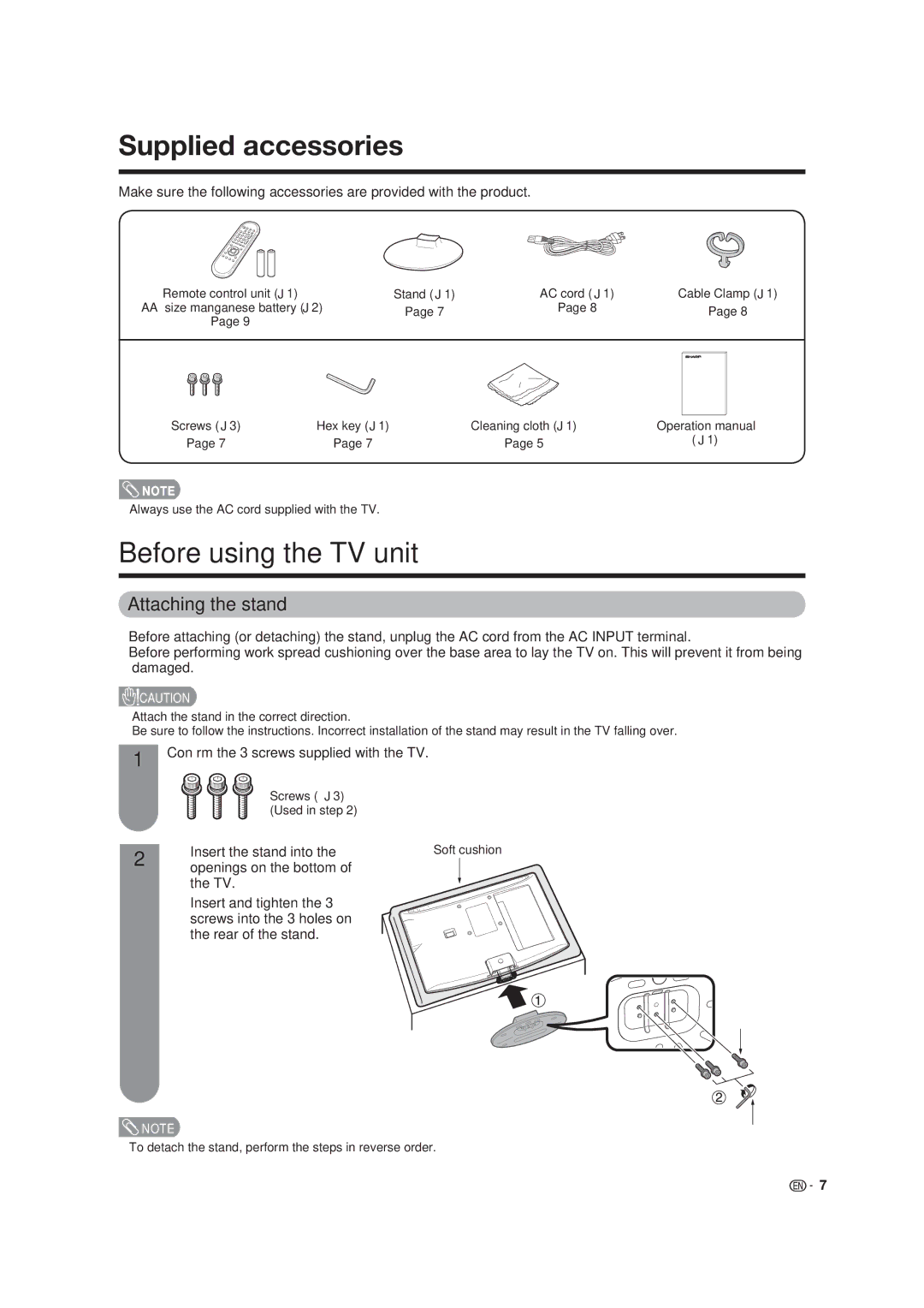 Dolby Laboratories LC-19SB25U-W Supplied accessories, Before using the TV unit, Attaching the stand, Insert the stand into 