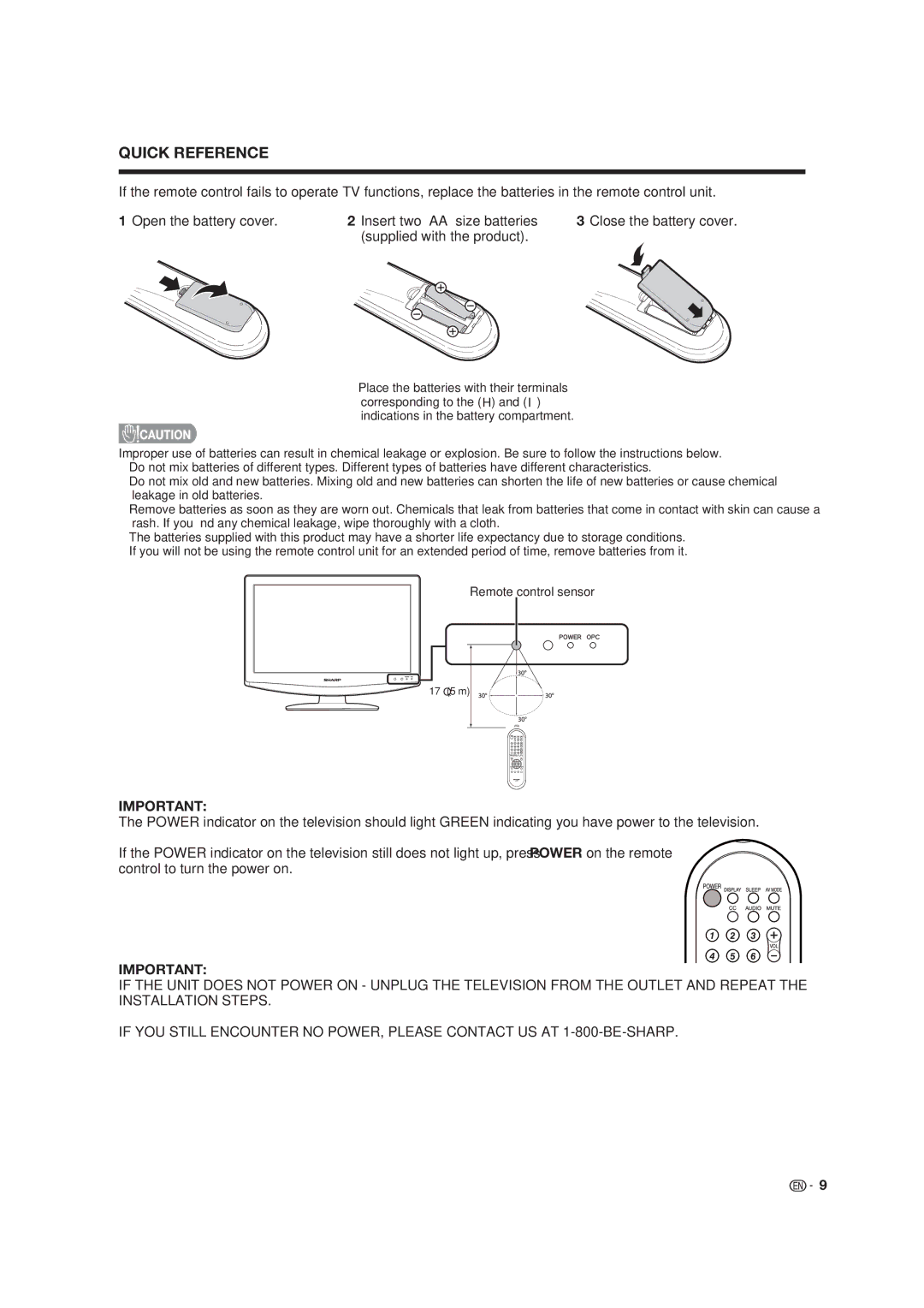 Dolby Laboratories LC-19SB25U-W, LC-19SB15U operation manual Quick Reference, Close the battery cover 