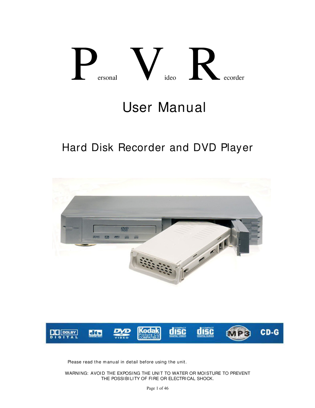 Dolby Laboratories Personal Video Recorder user manual Hard Disk Recorder and DVD Player 