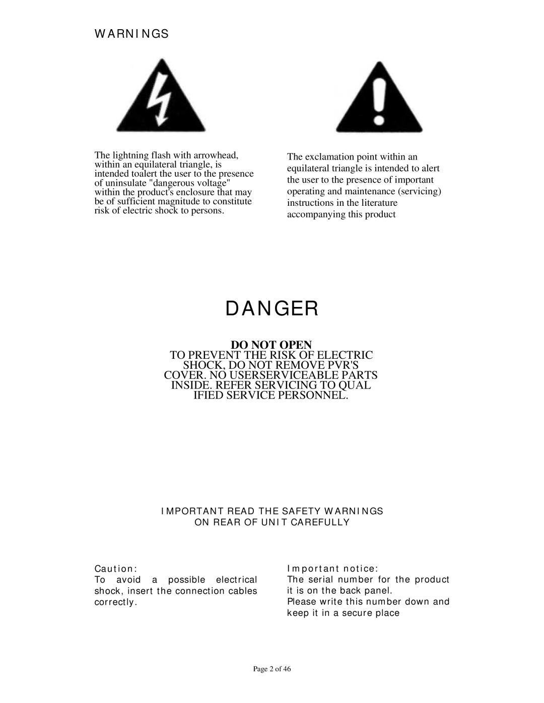 Dolby Laboratories Personal Video Recorder user manual Do not Open 