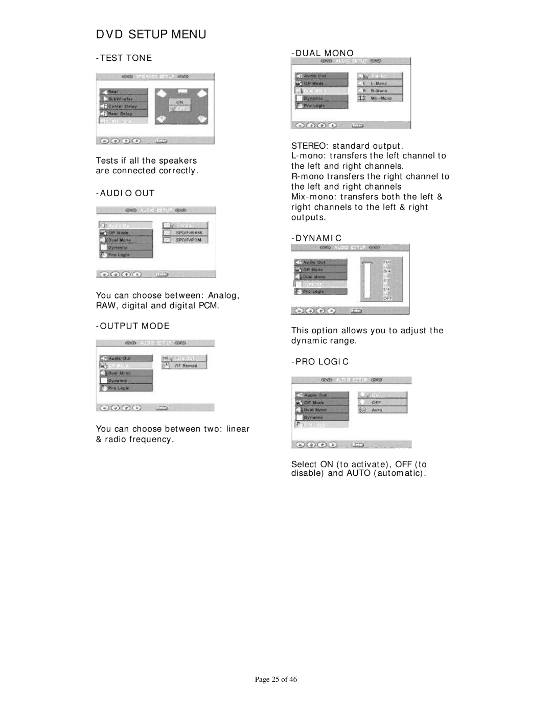 Dolby Laboratories Personal Video Recorder user manual Test Tone, Audio OUT, Dual Mono, Dynamic Output Mode, PRO Logic 