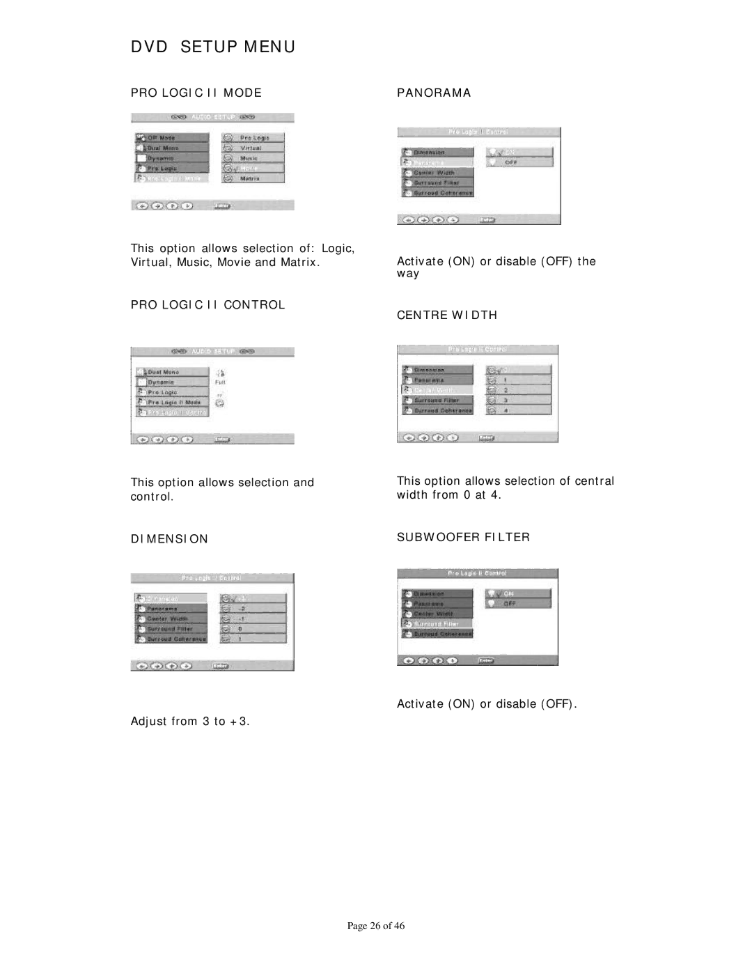 Dolby Laboratories Personal Video Recorder user manual PRO Logic II Mode, PRO Logic II Control, Dimension, Centre Width 