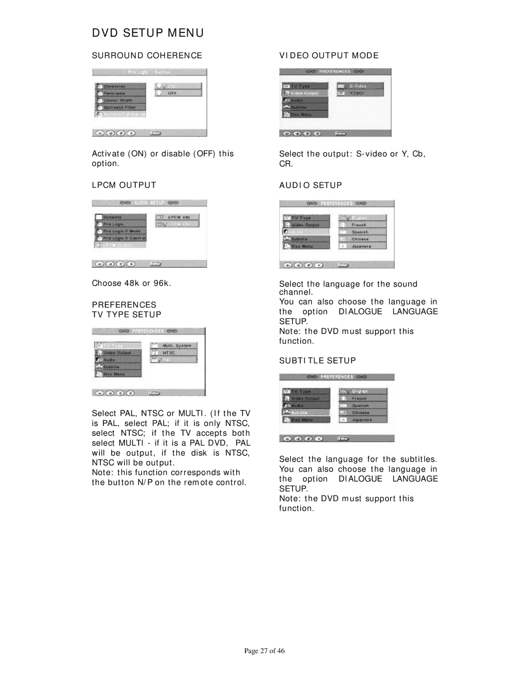 Dolby Laboratories Personal Video Recorder Surround Coherence, Lpcm Output, Preferences TV Type Setup, Audio Setup 