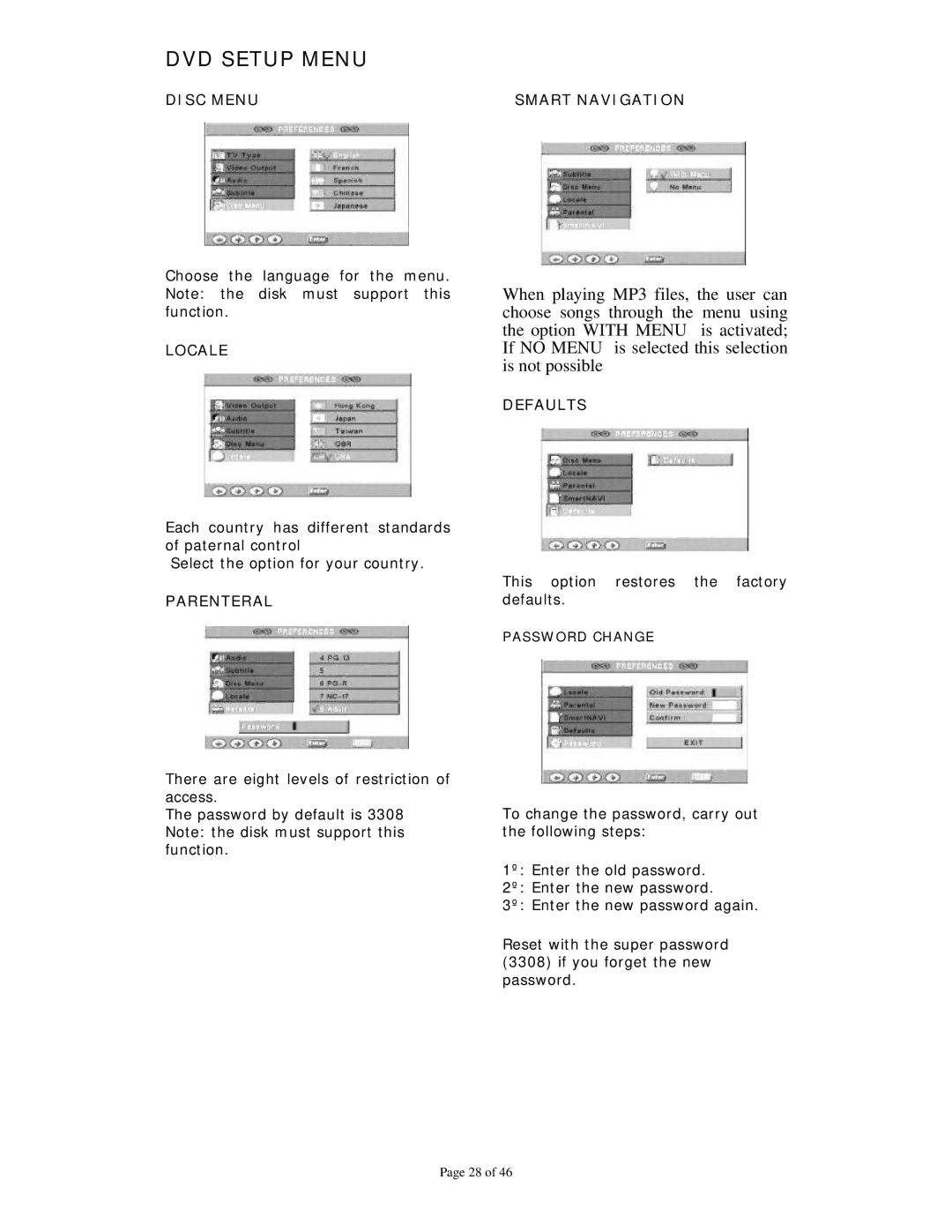 Dolby Laboratories Personal Video Recorder user manual Disc Menu, Locale, Parenteral, Defaults 